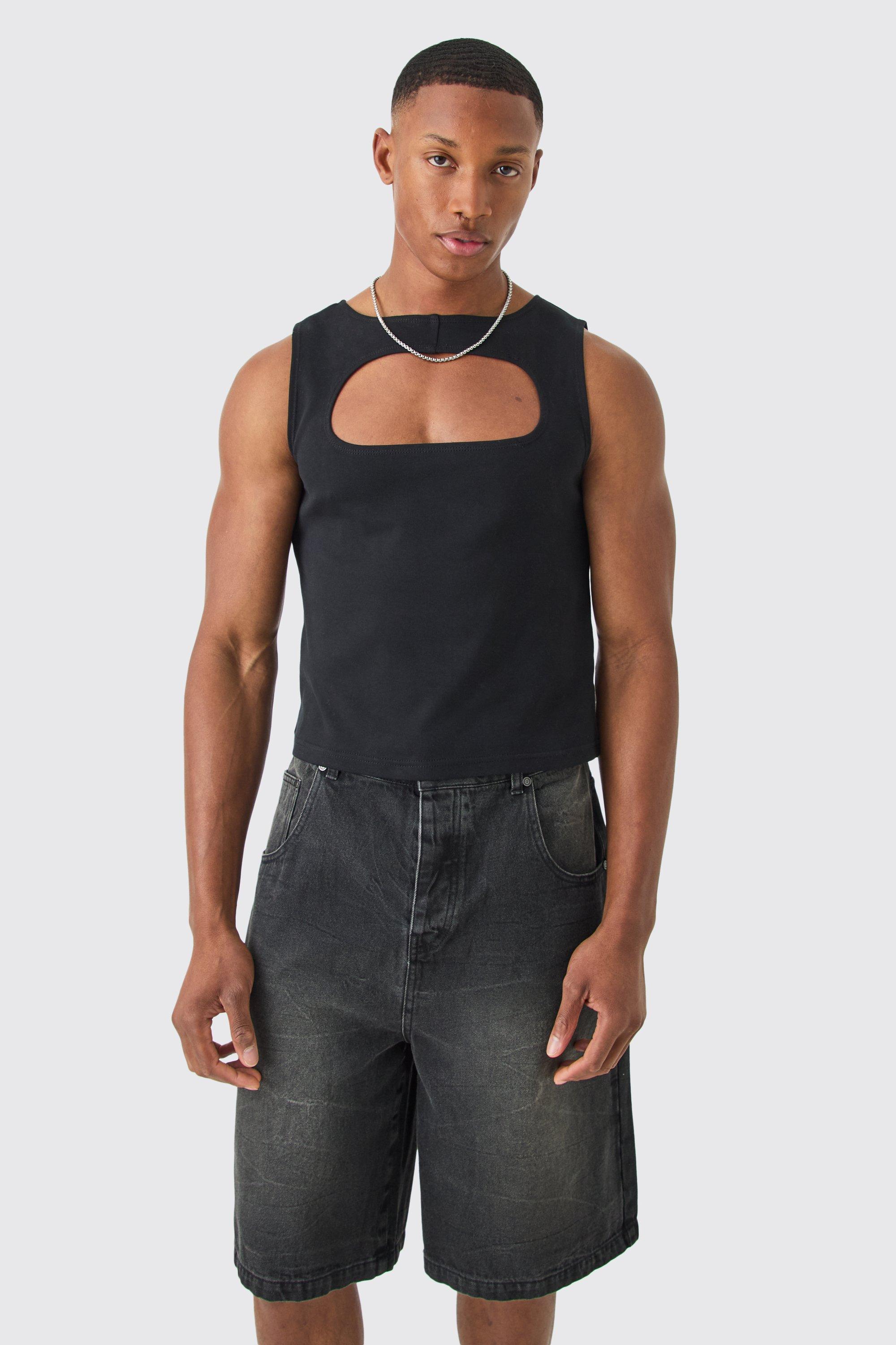 Mens Black Muscle Fit Cut Out Interlock Vest, Black