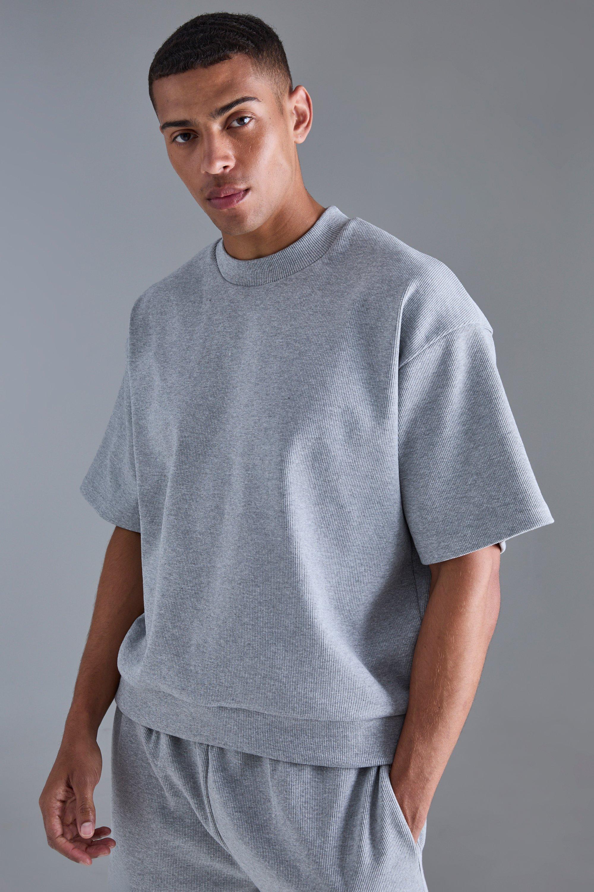 Felpa oversize pesante a coste a maniche corte, Grigio