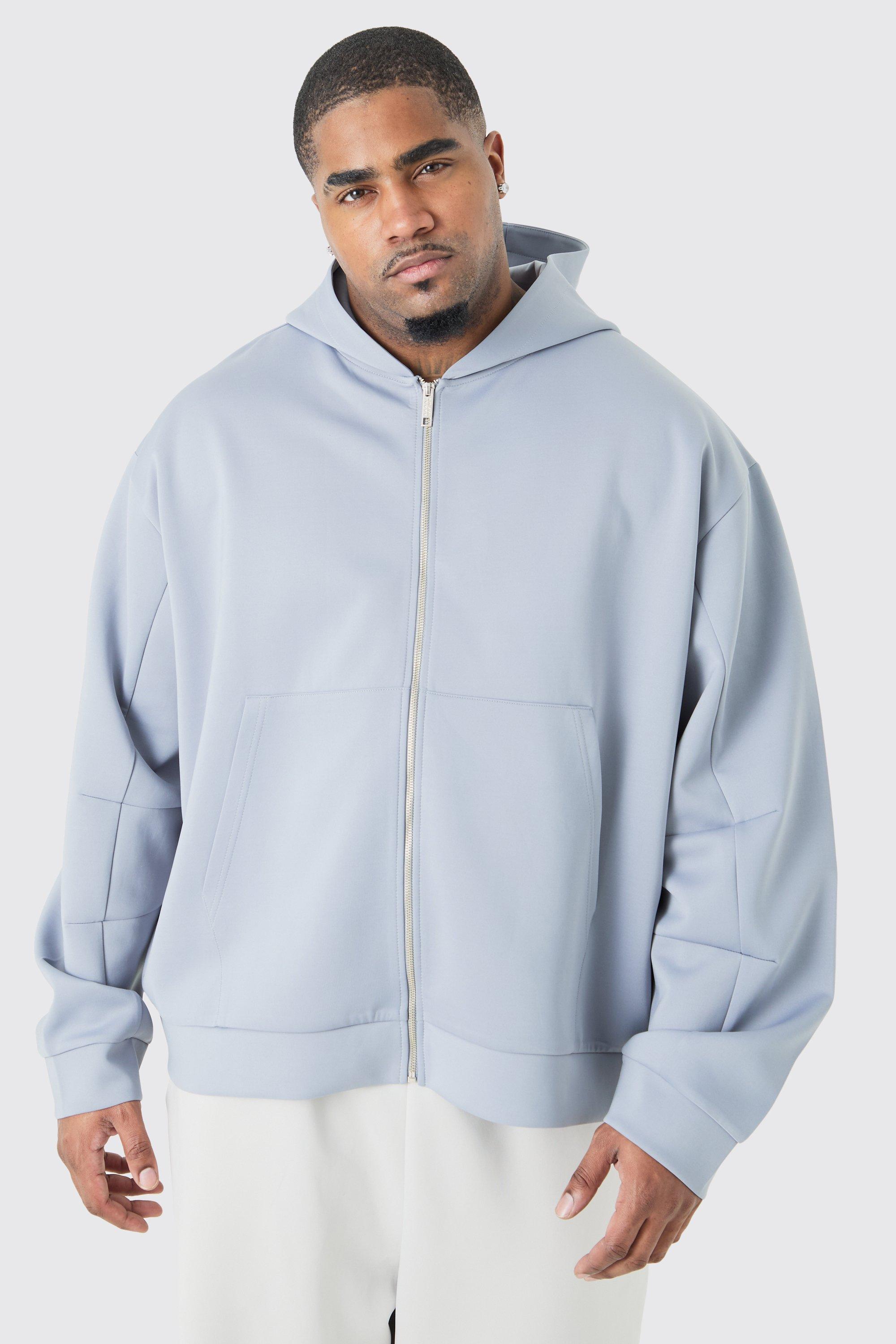 Mens Grey Plus Oversized Boxy Zip Through Scuba Hoodie, Grey