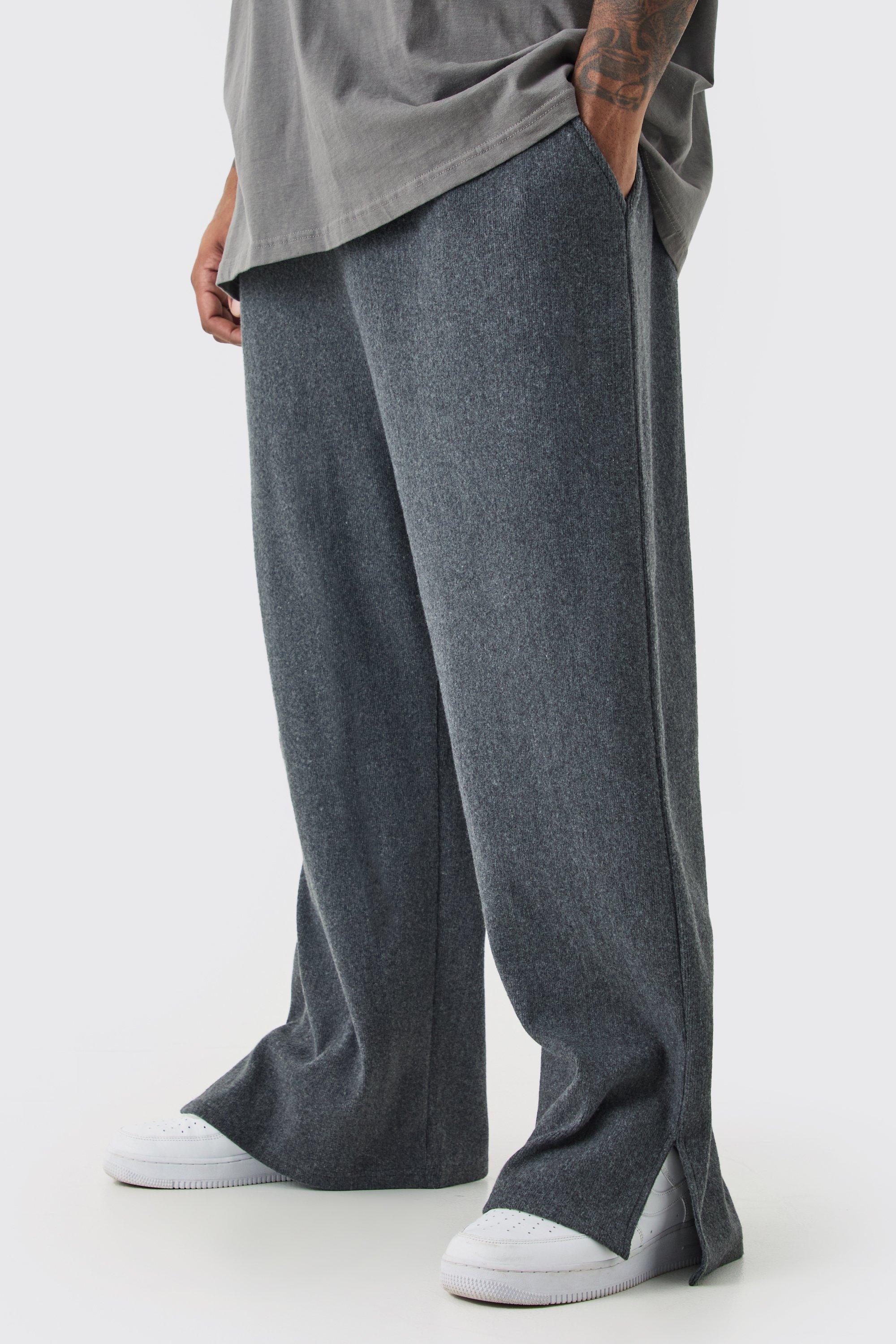 Image of Pantaloni tuta Plus Size a coste spazzolate rilassate con spacco sul fondo, Grigio