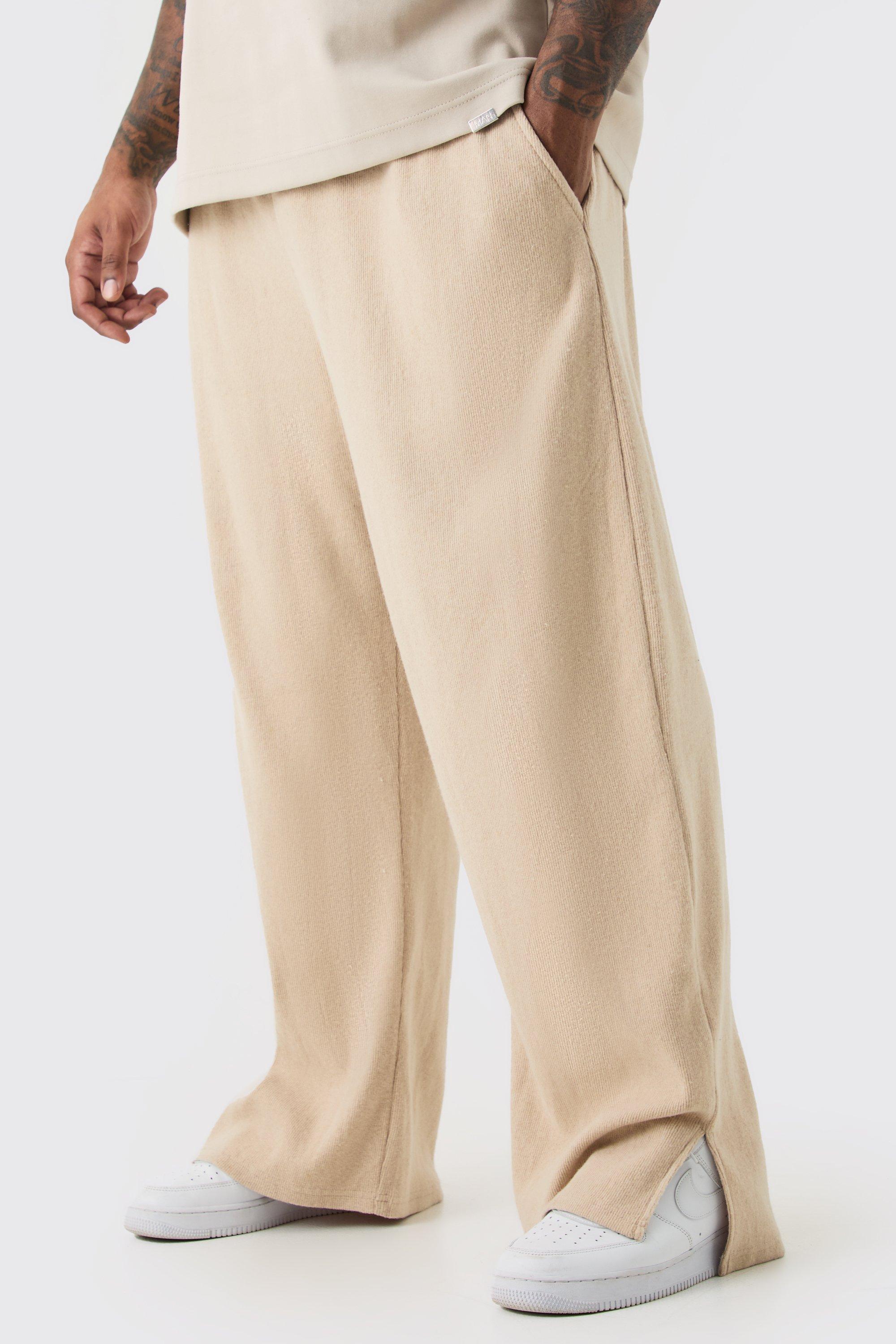 Image of Pantaloni tuta Plus Size a coste spazzolate rilassate con spacco sul fondo, Beige