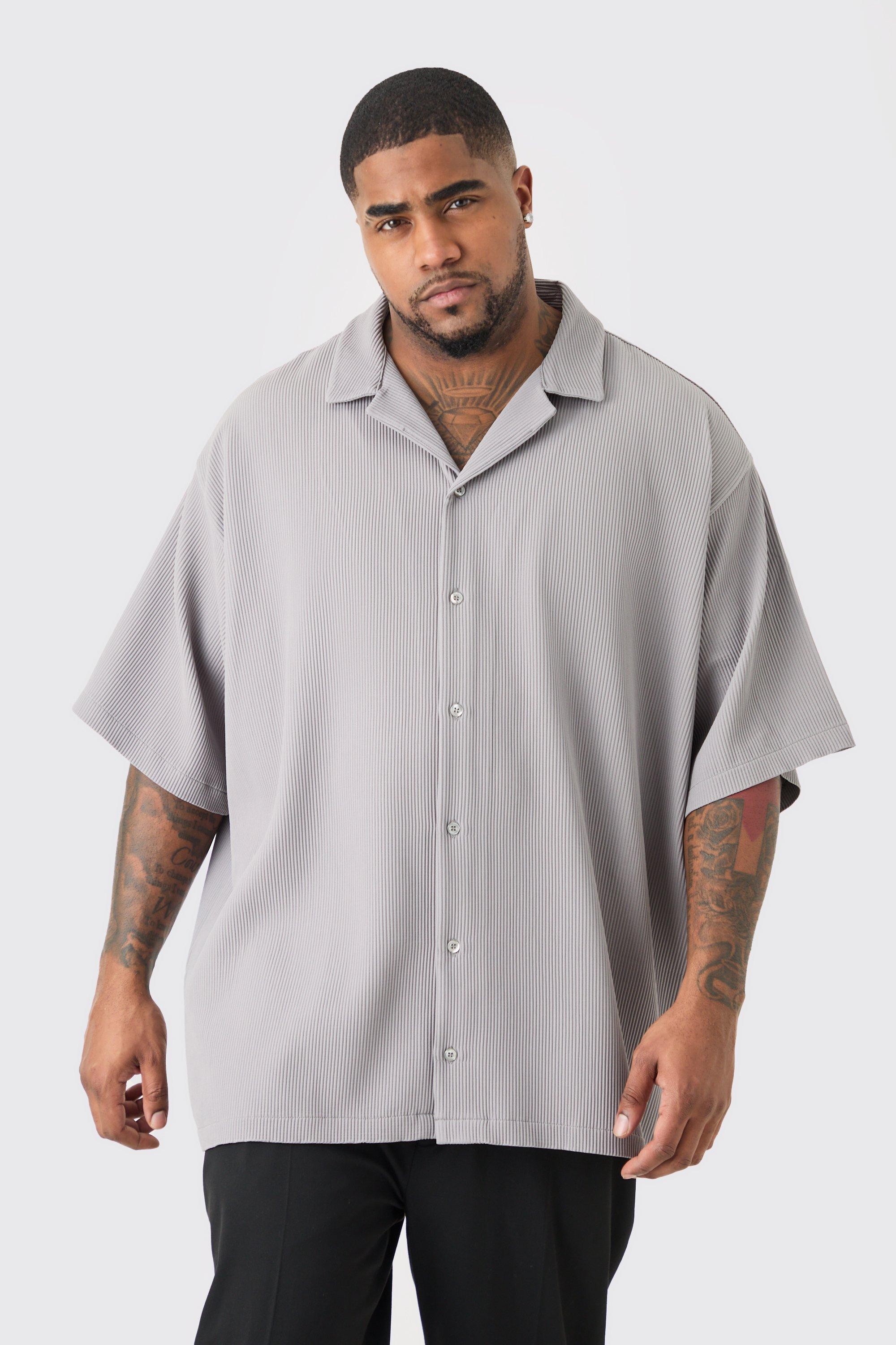 Image of Plus Short Sleeve Pleated Oversized Shirt, Grigio