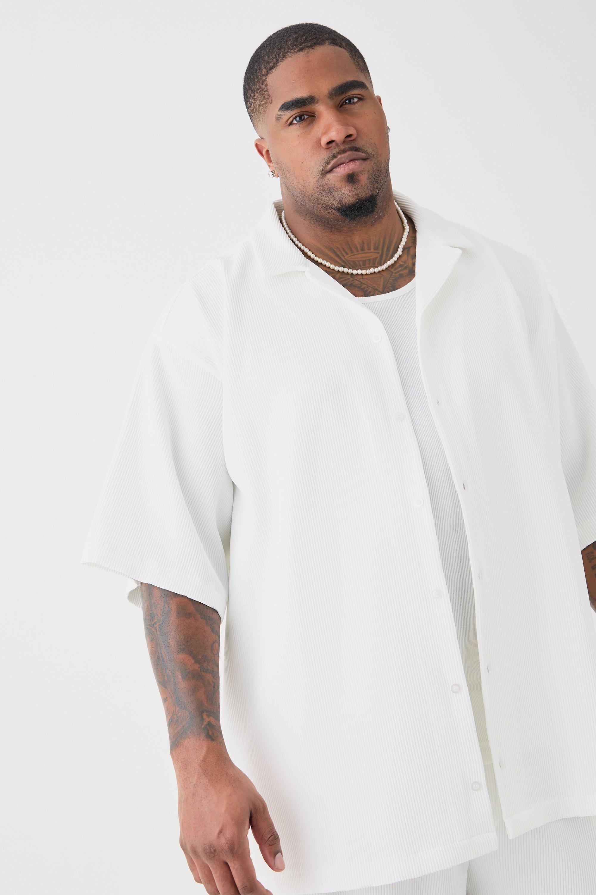Image of Plus Short Sleeve Revere Oversized Pleated Shirt, Bianco