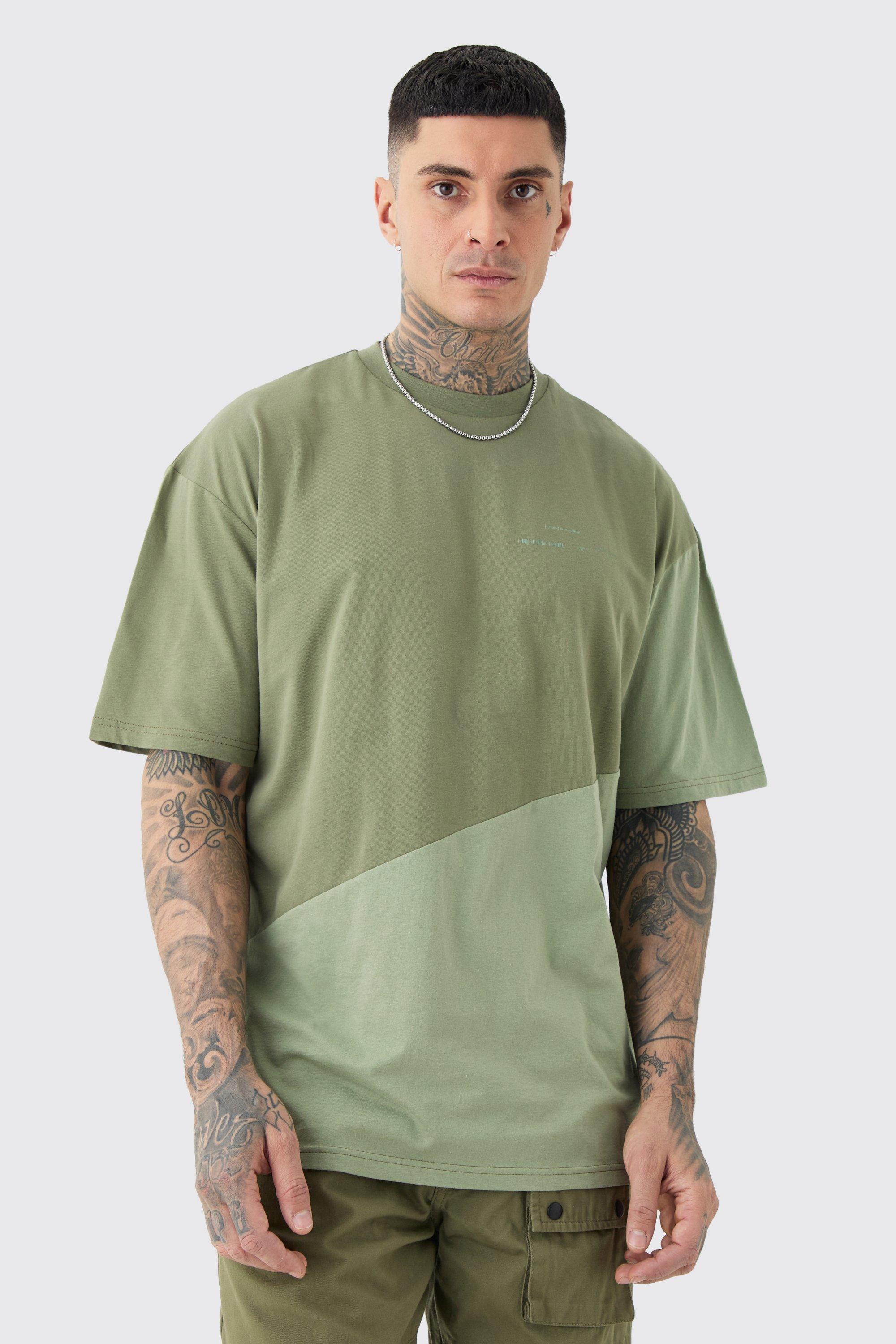 Mens Green Tall Oversized Diagonal Colour Block T-shirt, Green