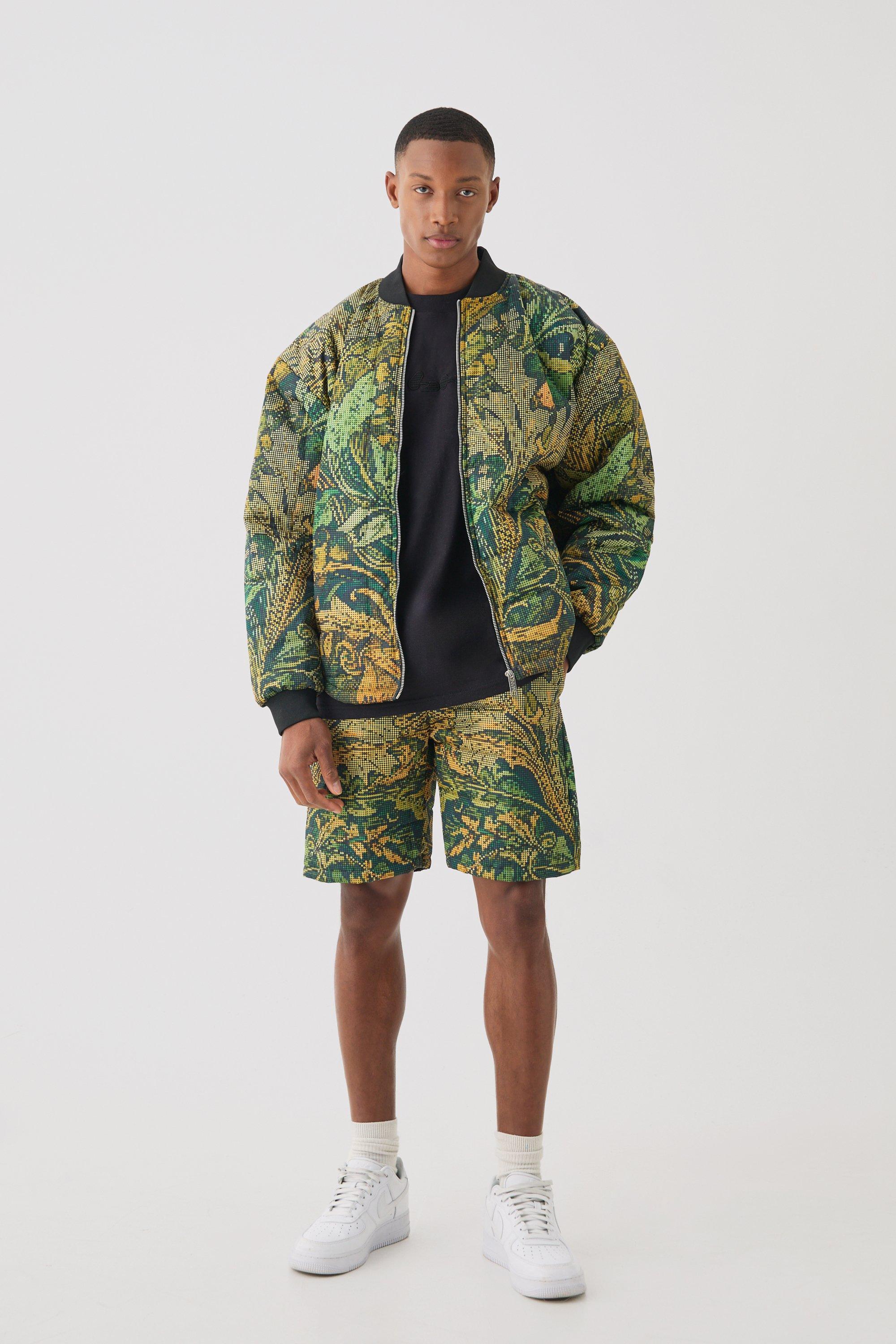 square quilted tapestry short & bomber jacket set homme - kaki - l, kaki