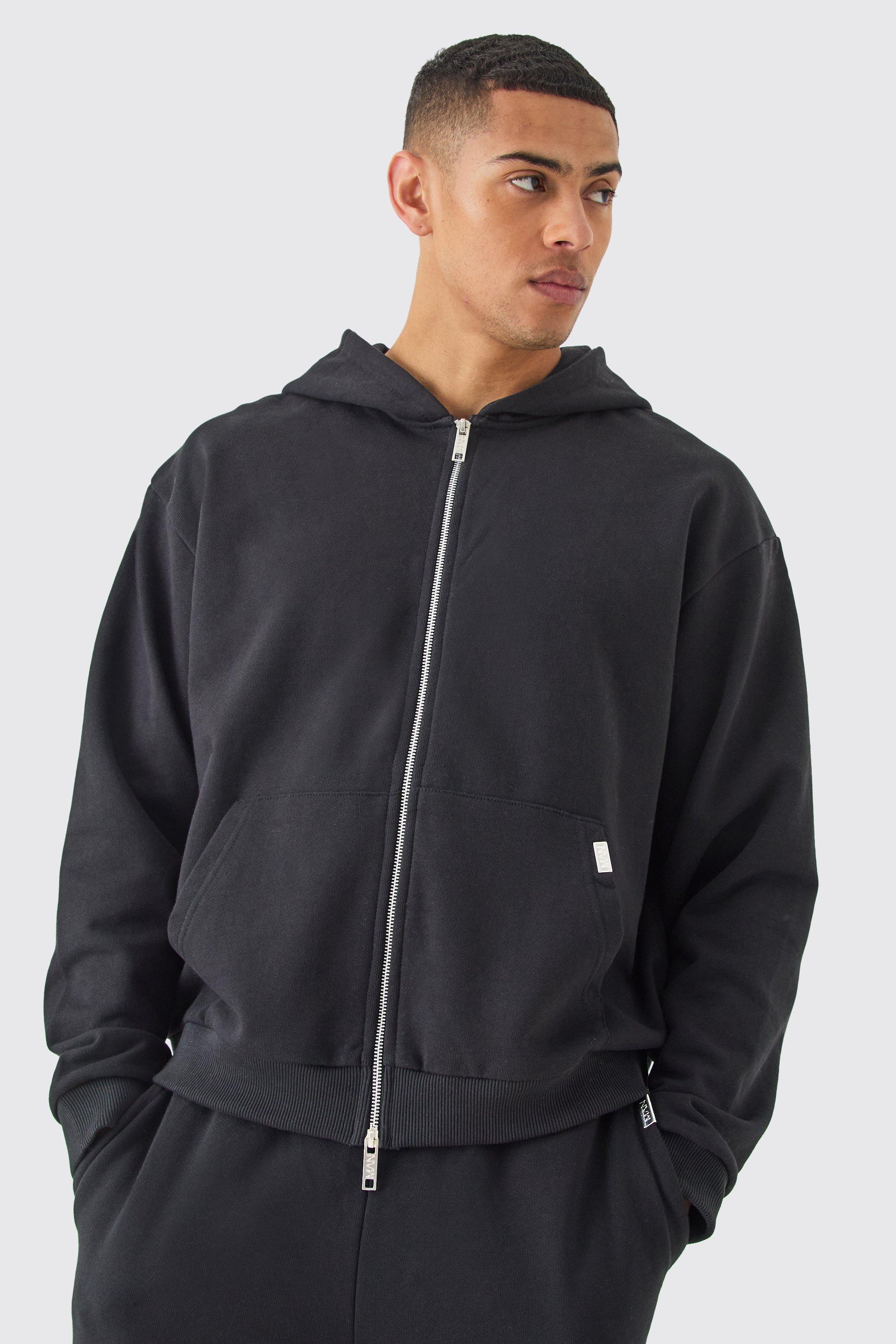 Mens Black Oversized Boxy Heavyweight Zip Thru Hoodie, Black