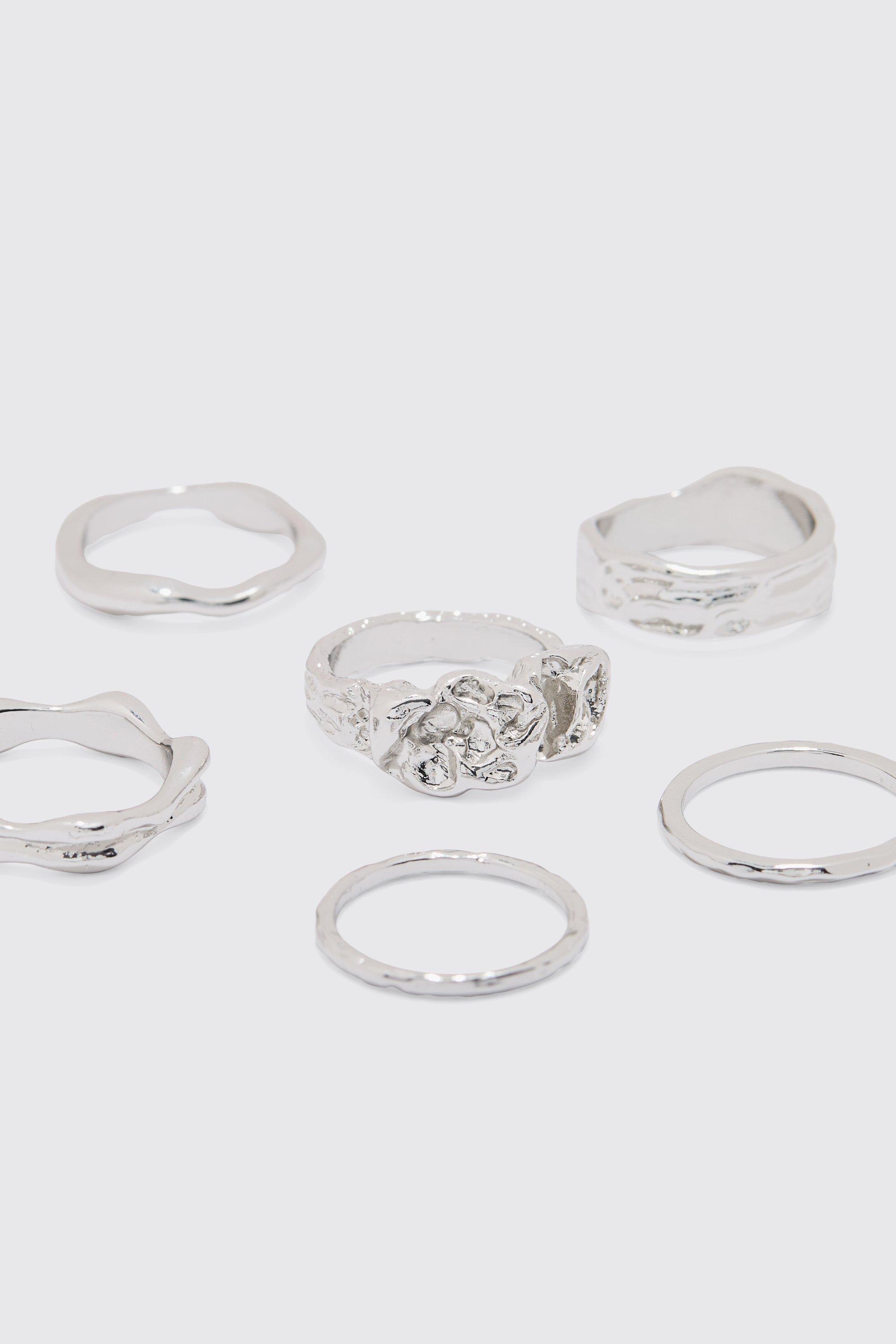 Image of 6 Pack Melted Metal Rings In Silver, Grigio