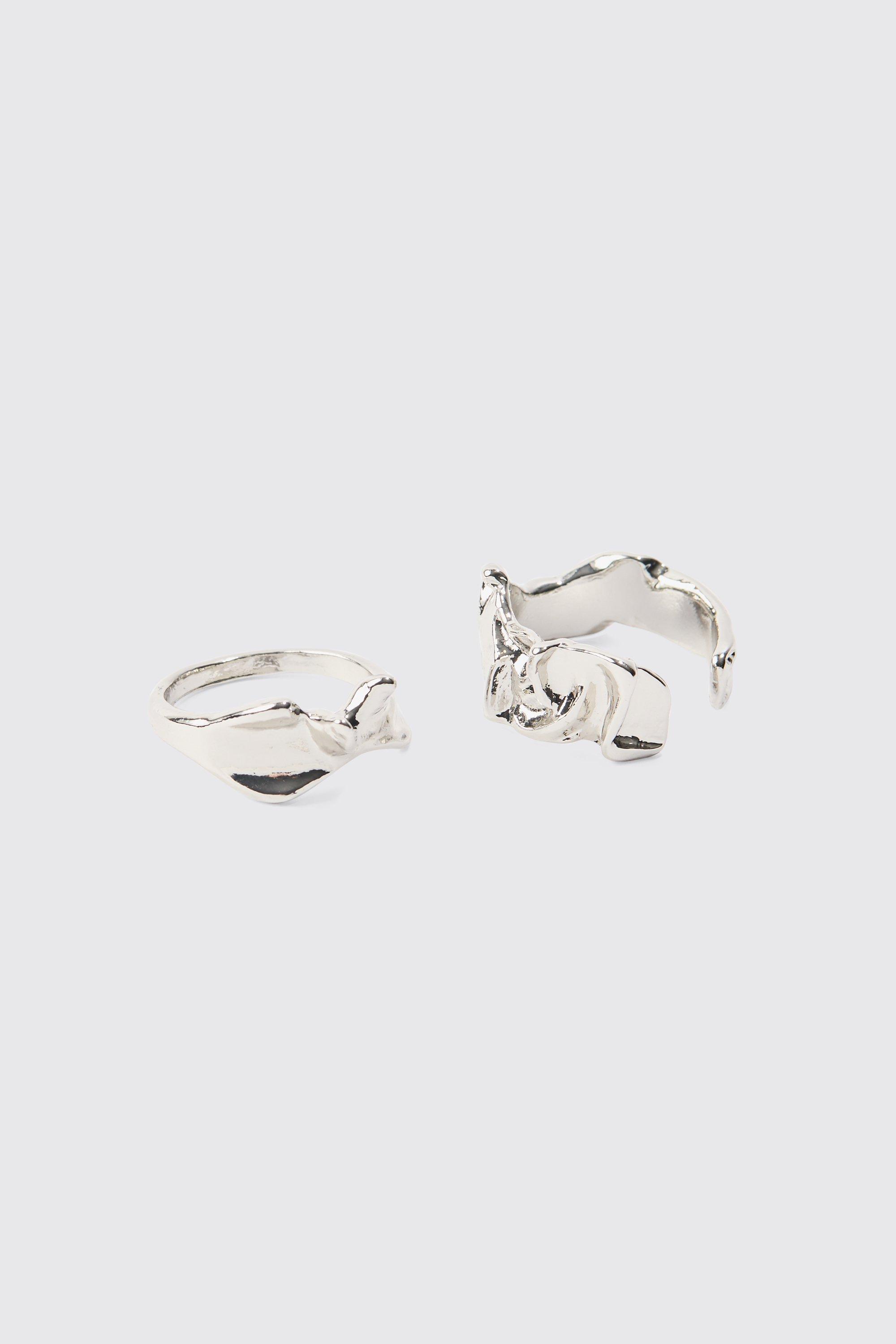 Image of 2 Pack Melted Metal Rings In Silver, Grigio