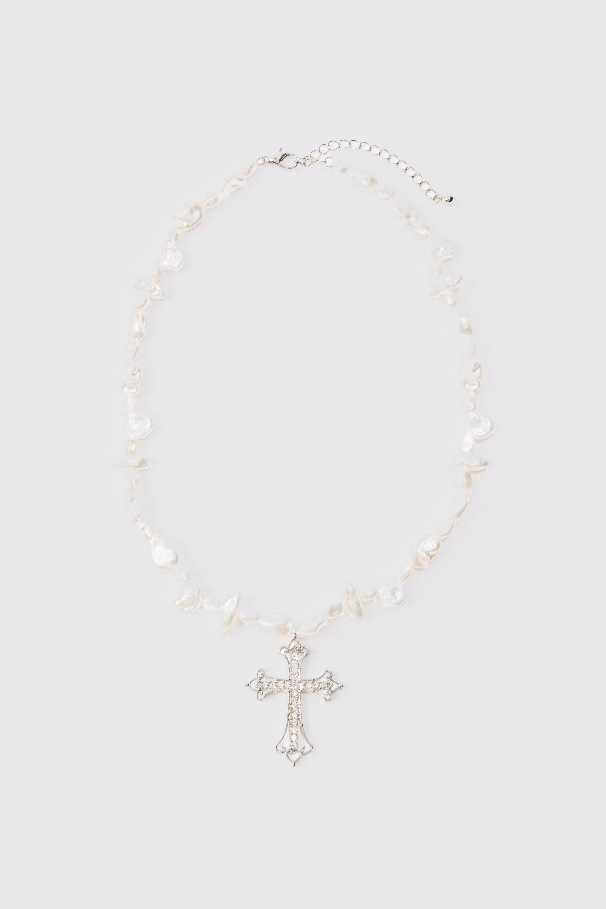 Image of Iced Cross Pearl Necklace In Silver, Grigio
