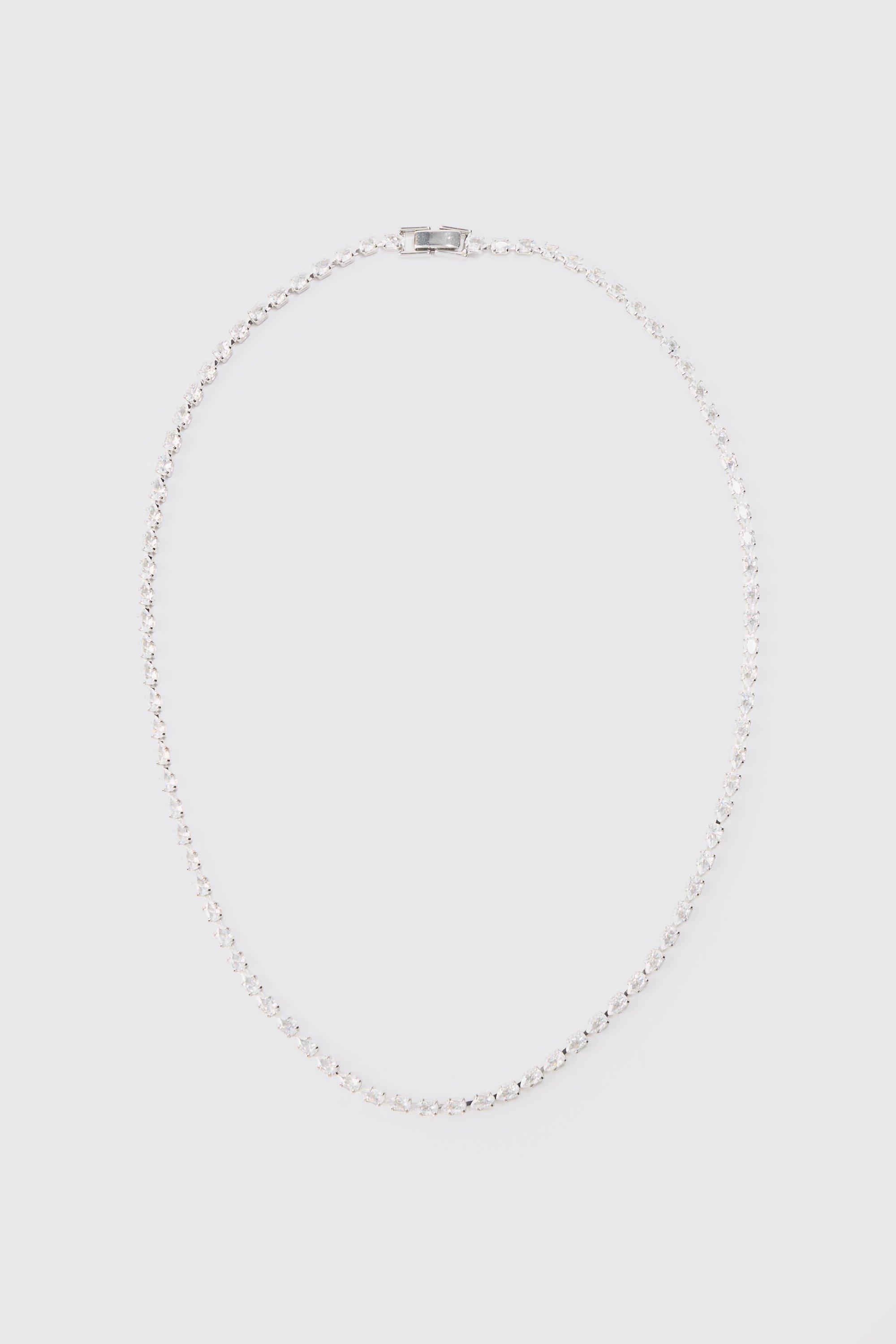Image of Square Stone Detail Iced Necklace In Silver, Grigio