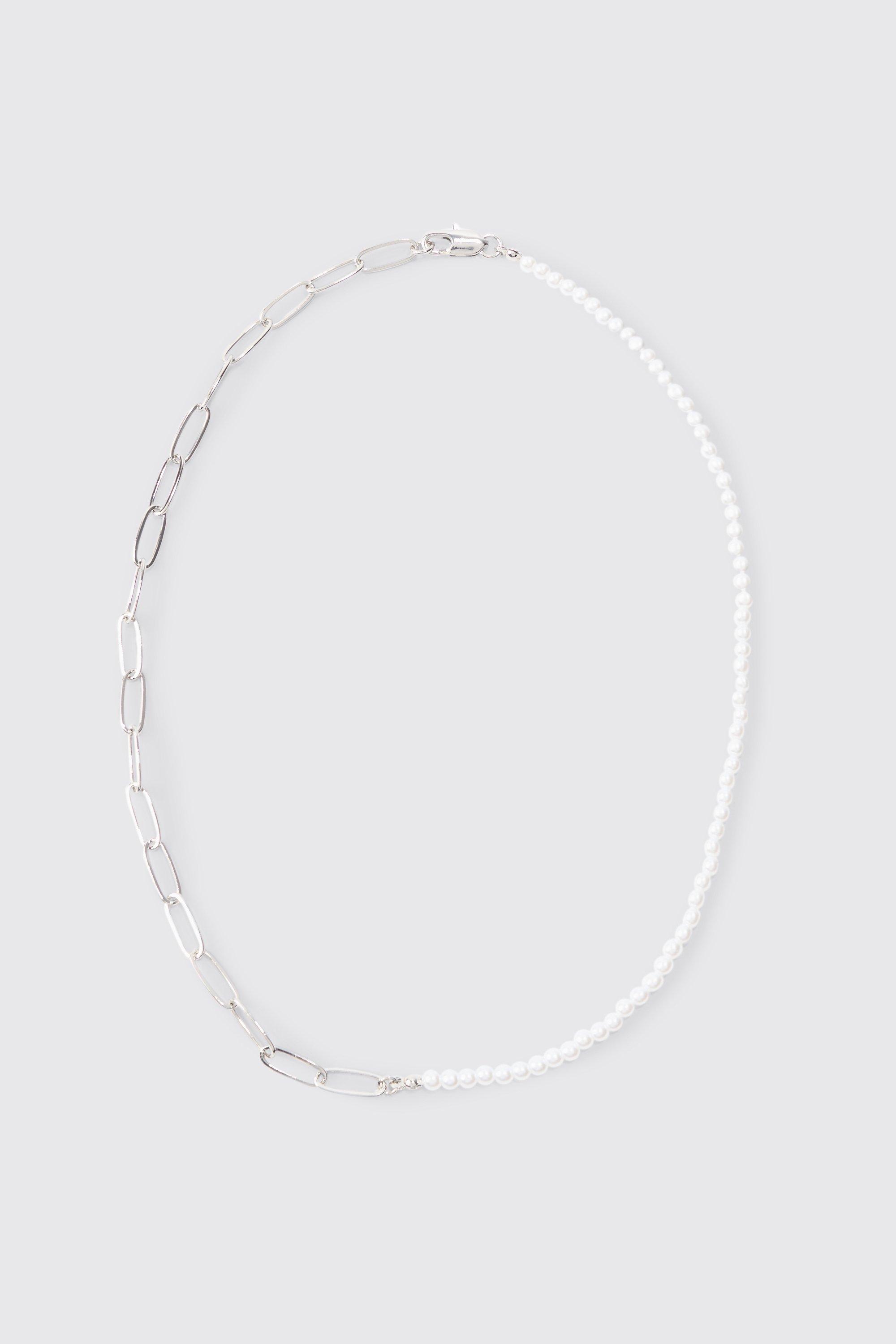 Mens Grey Pearl And Chain Mix Metal Necklace In Silver, Grey