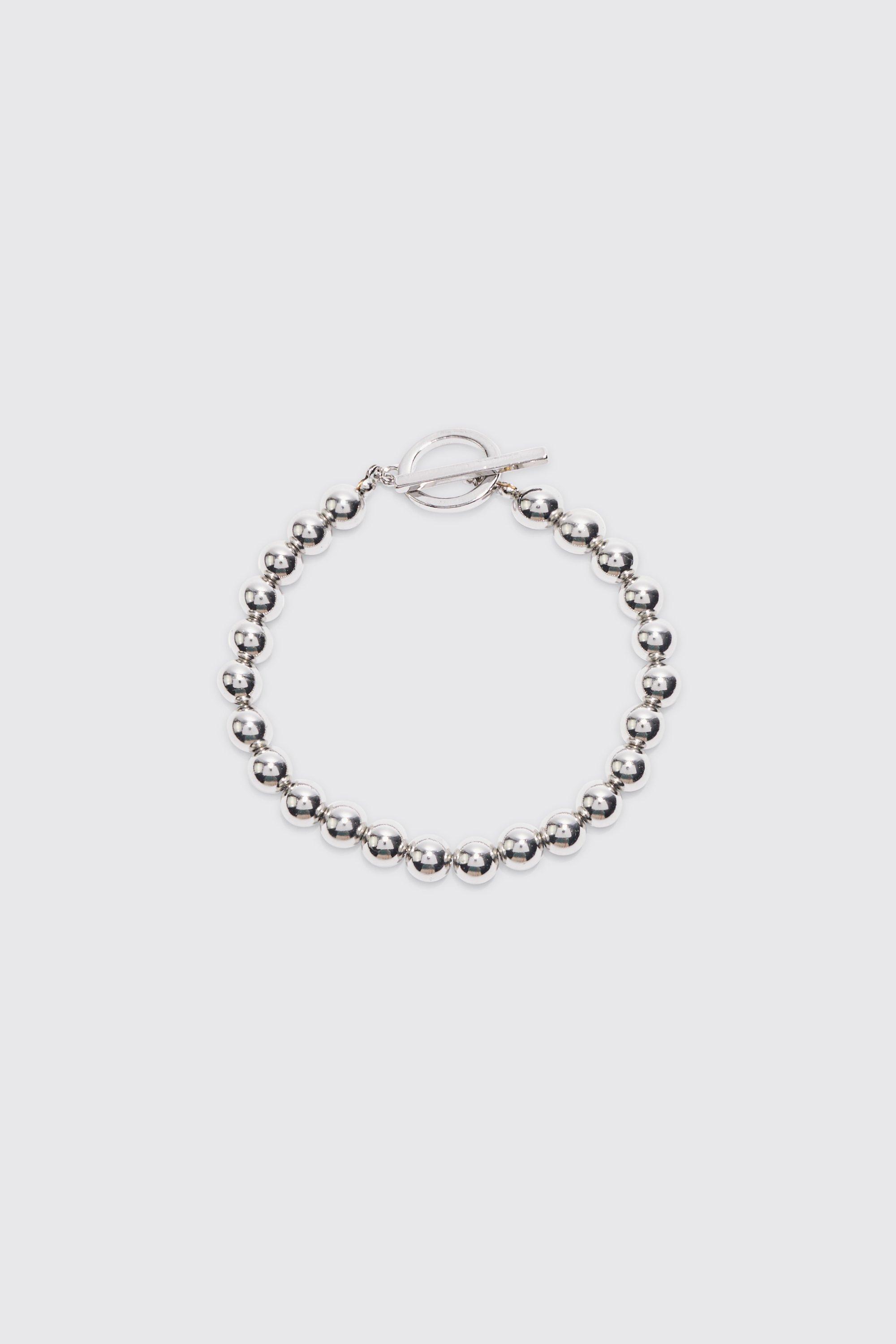 Mens Grey Metal Bead Detail Bracelet In Silver, Grey