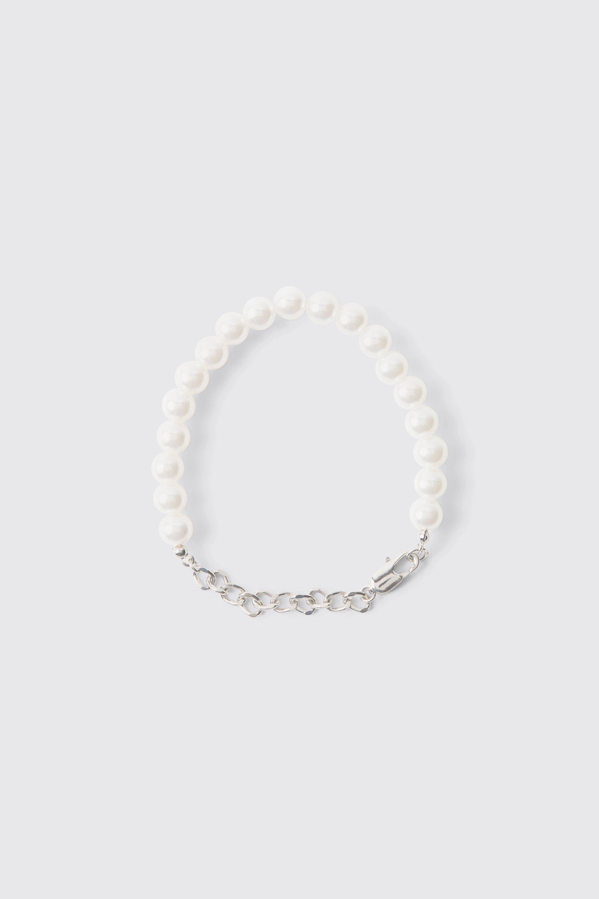 Mens Grey Pearl And Chain Metal Bracelet In Silver, Grey