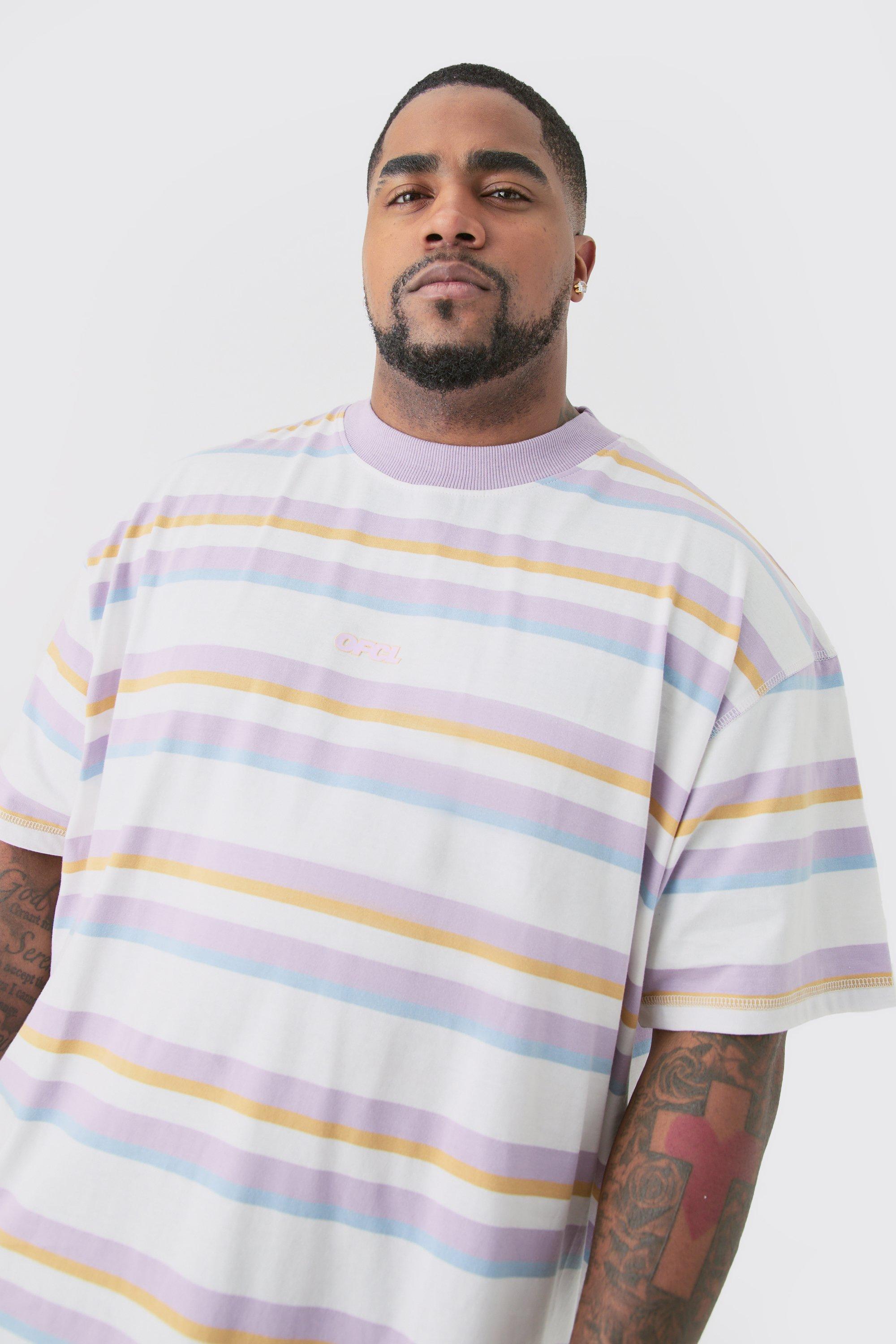 Mens Purple Plus Oversized Carded Heavy Striped Ofcl T-shirt, Purple