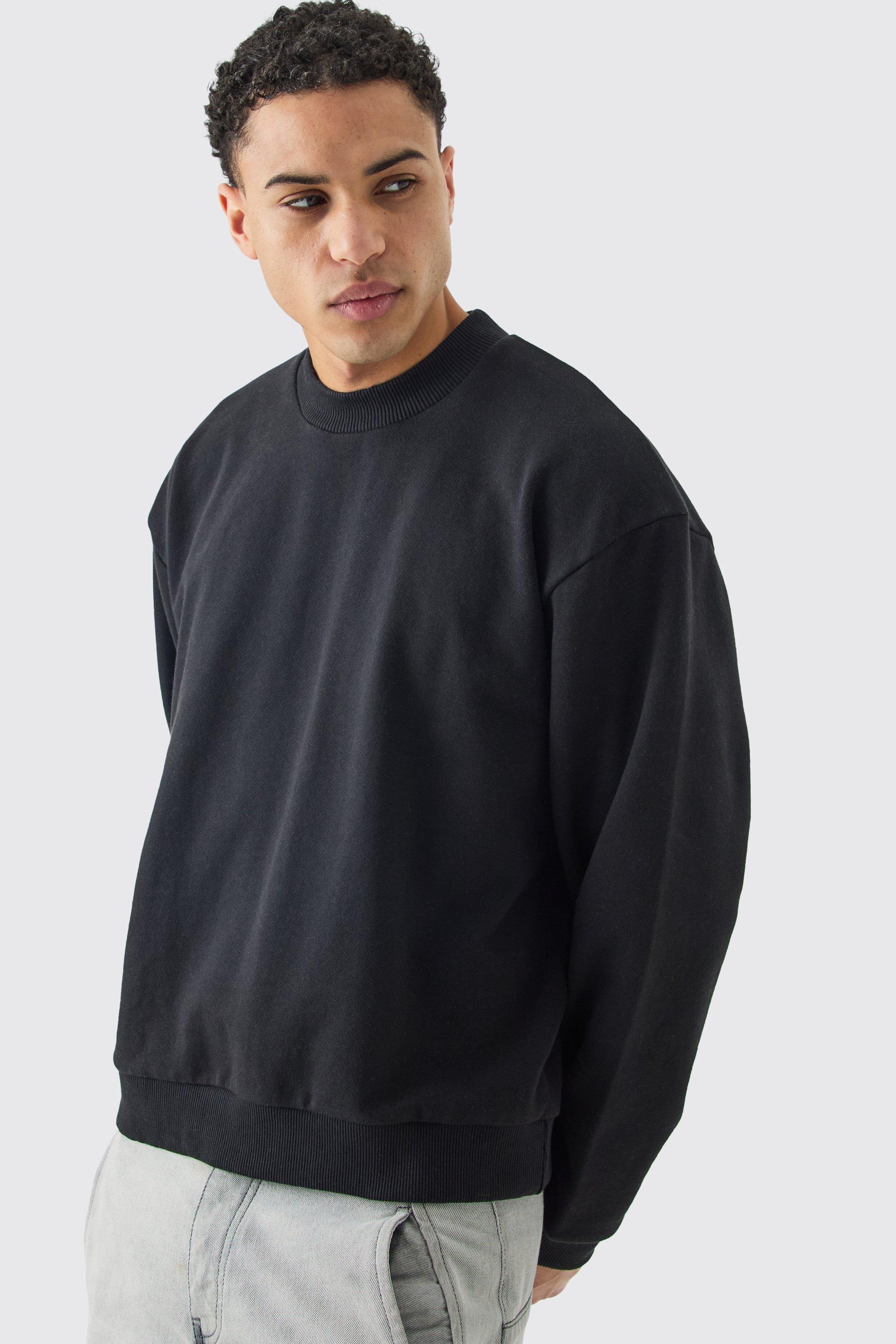 Mens Black Oversized Boxy Extended Neck Heavy Sweatshirt, Black