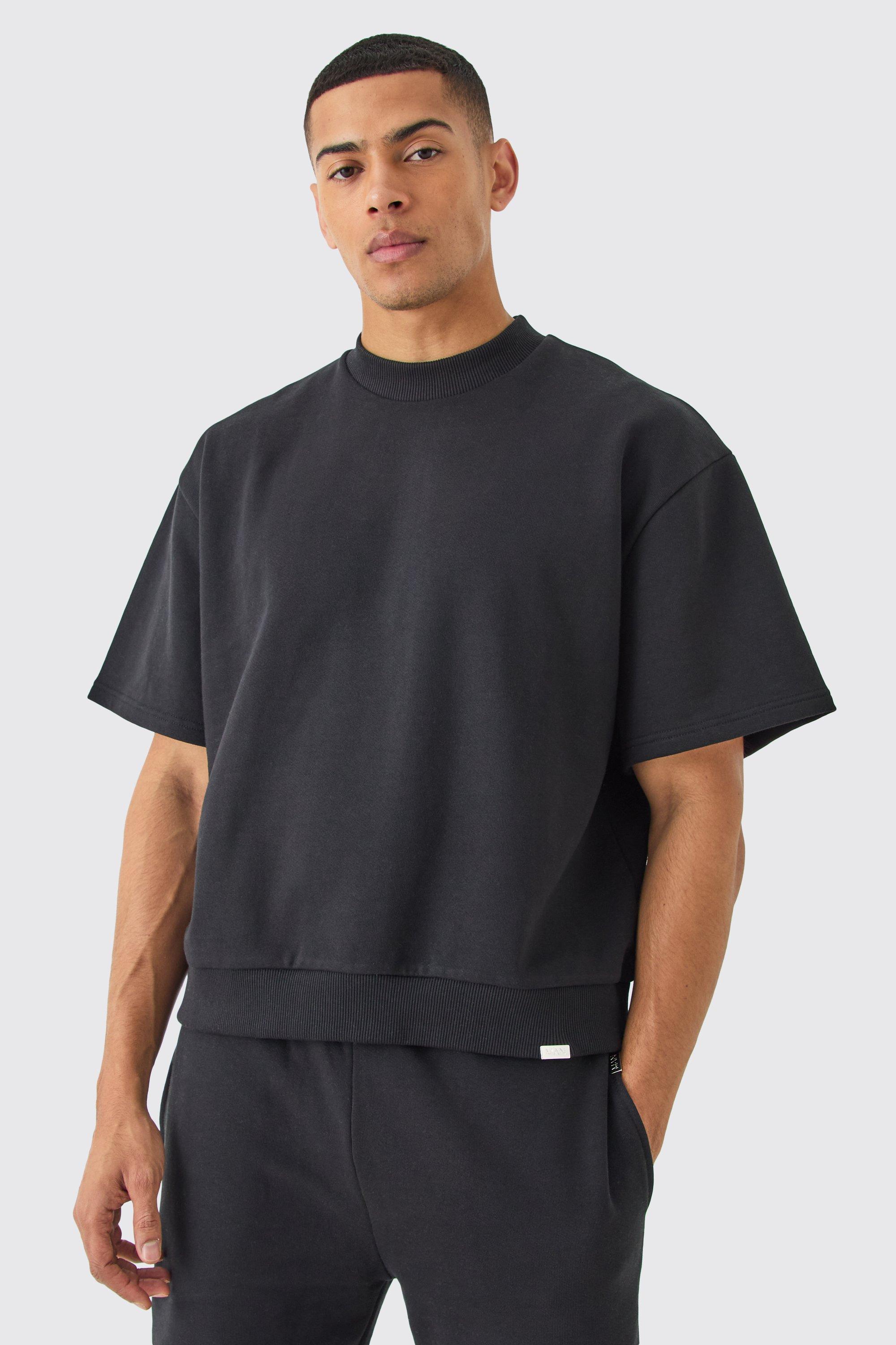 Mens Black Oversized Boxy Heavyweight Short Sleeve Sweatshirt, Black