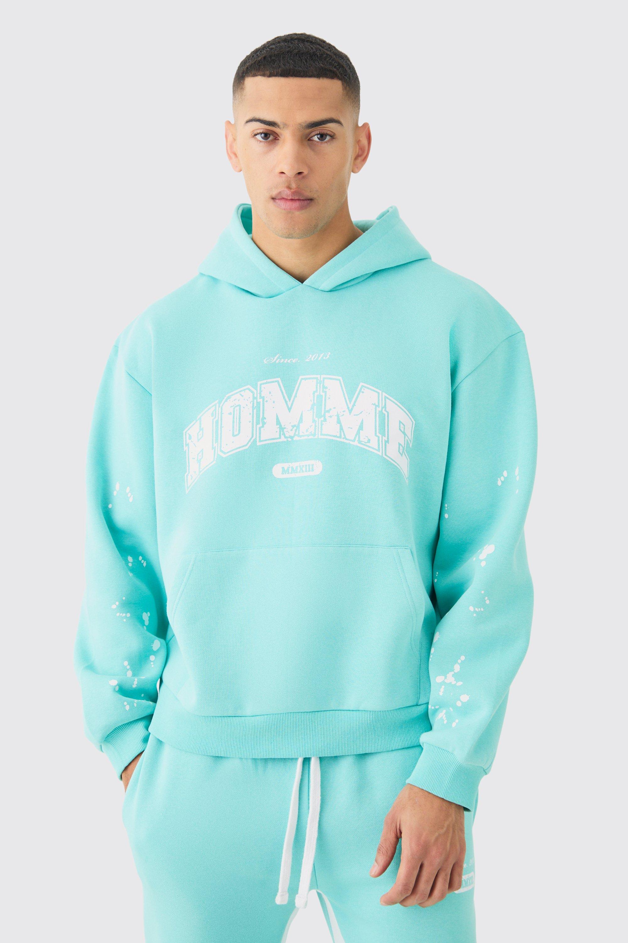 Mens Blue Oversized Boxy Paint Splatter Homme Hoodie, Blue
