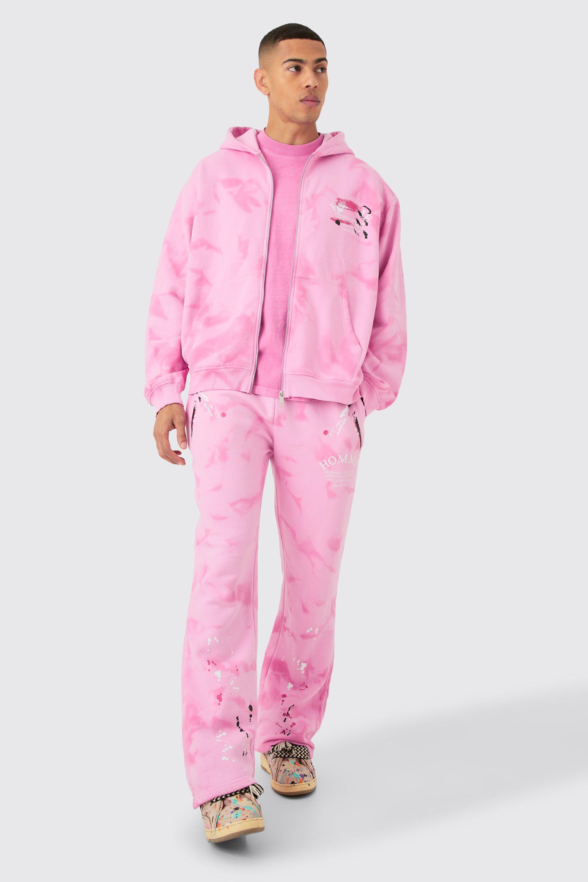 Image of Oversized Washed Homme Paint Splatter Zip Thru Tracksuit, Pink