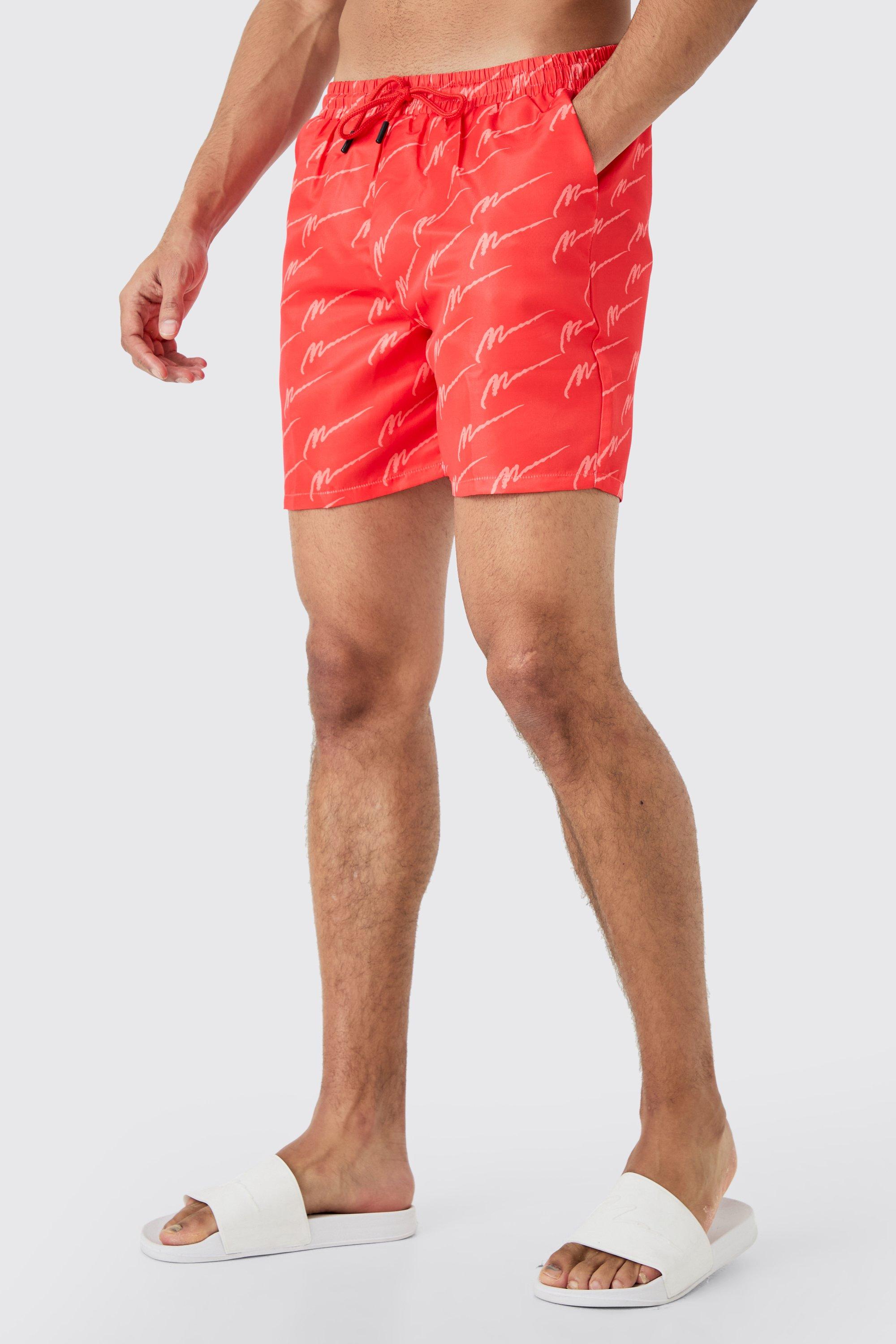 Mens Red Mid Length Man Sig Swim Short, Red