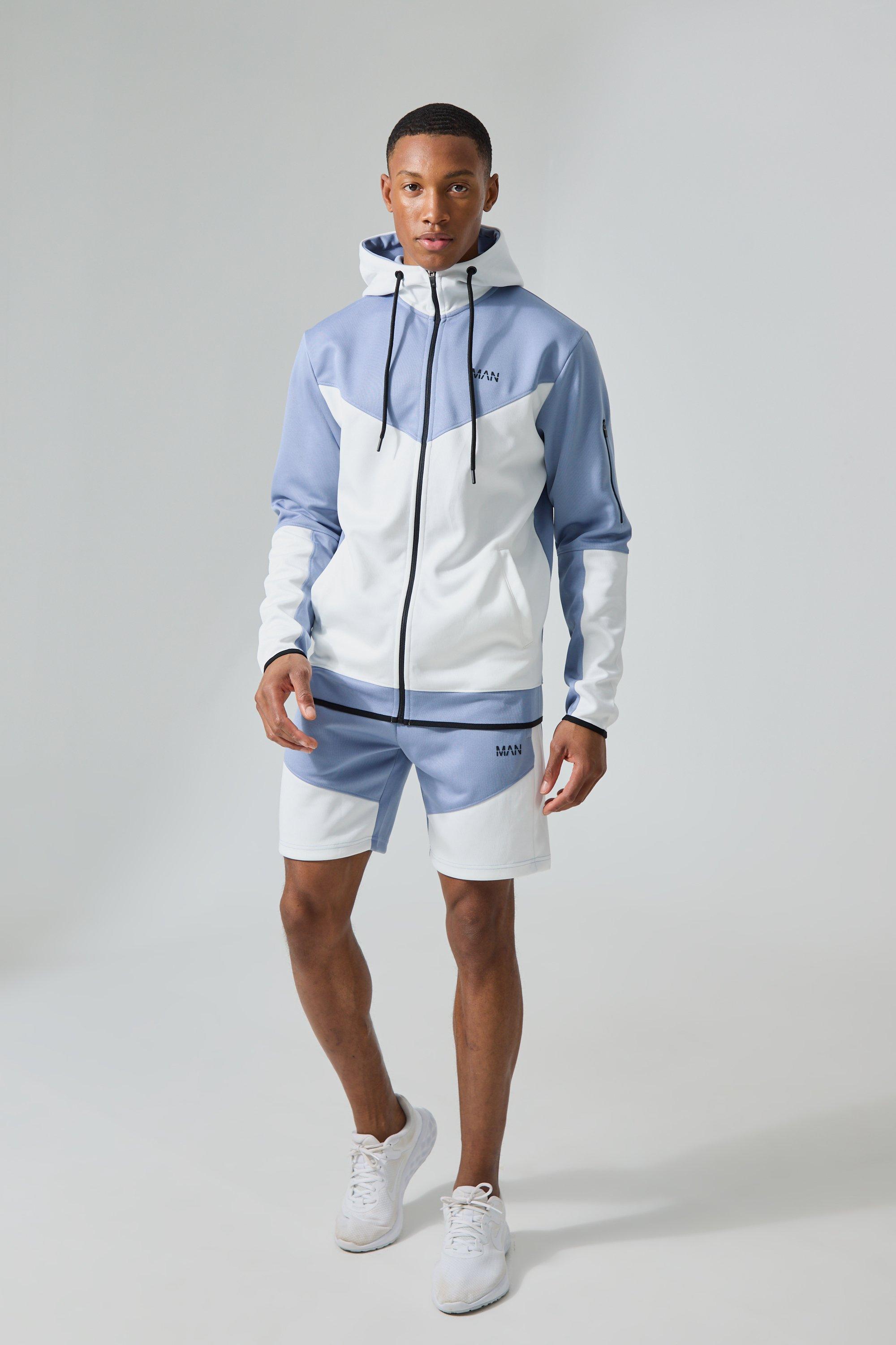 Image of Active Colour Block Funnel Hooded Short Tracksuit, Azzurro