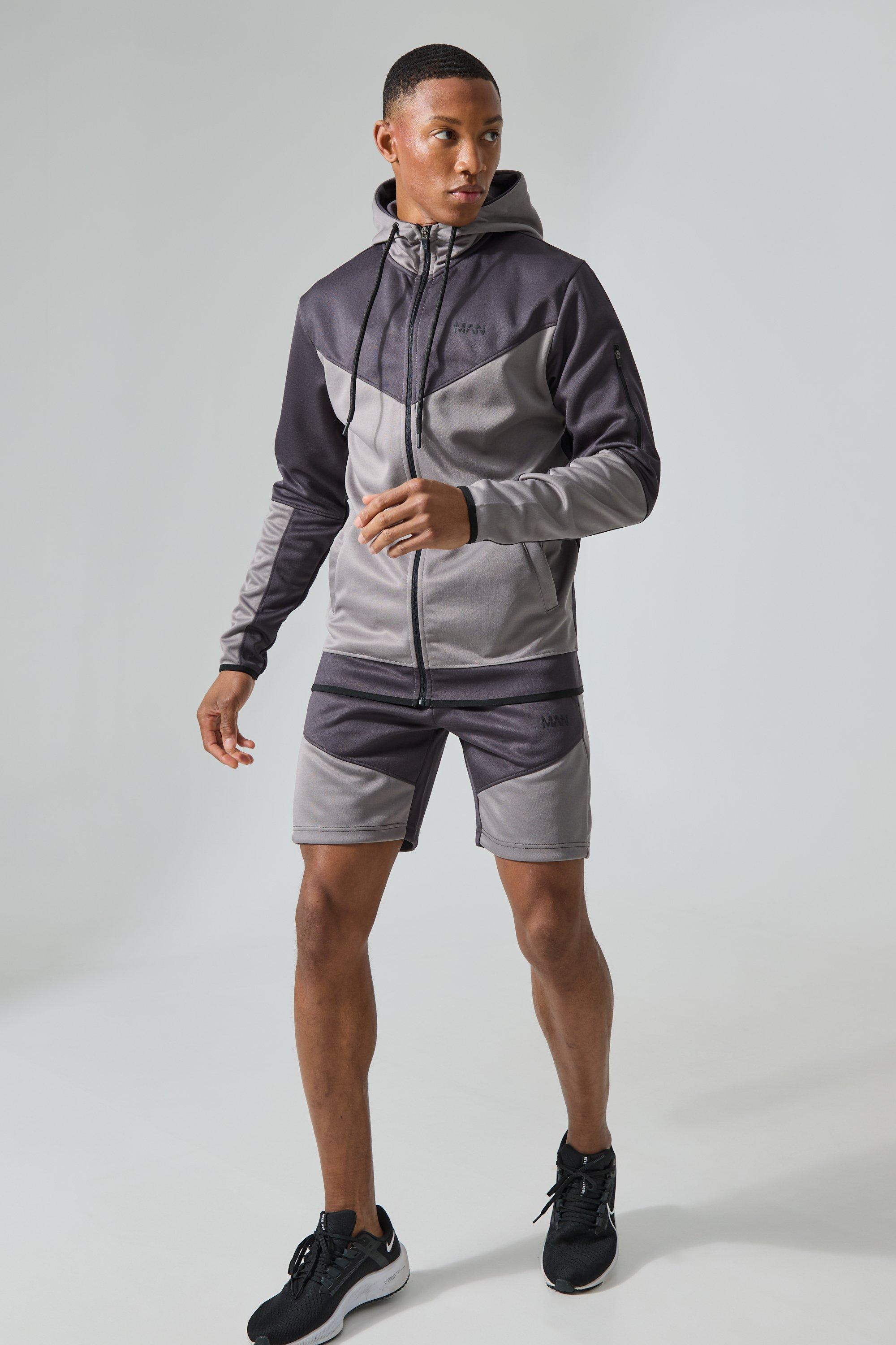 Image of Active Colour Block Funnel Hooded Short Tracksuit, Grigio