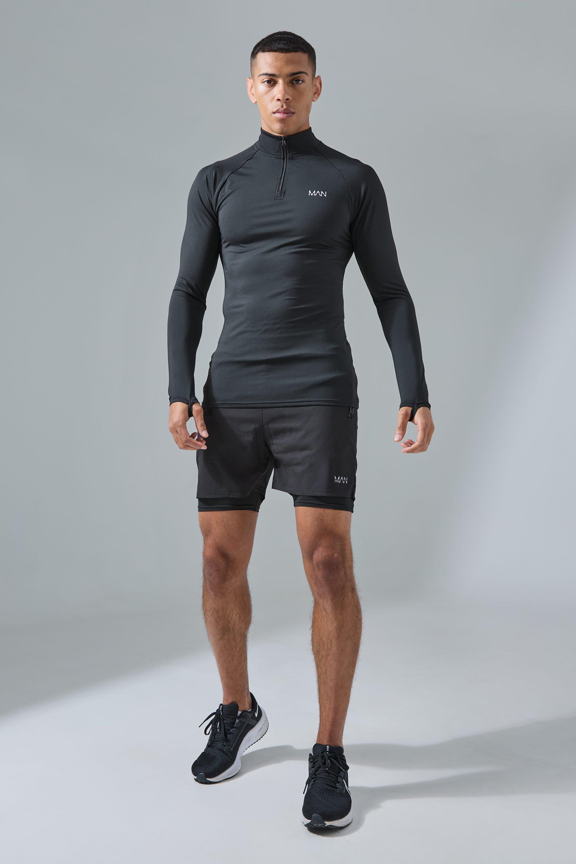 Tuta sportiva corta Man Active 2 in 1 con zip corta, Nero