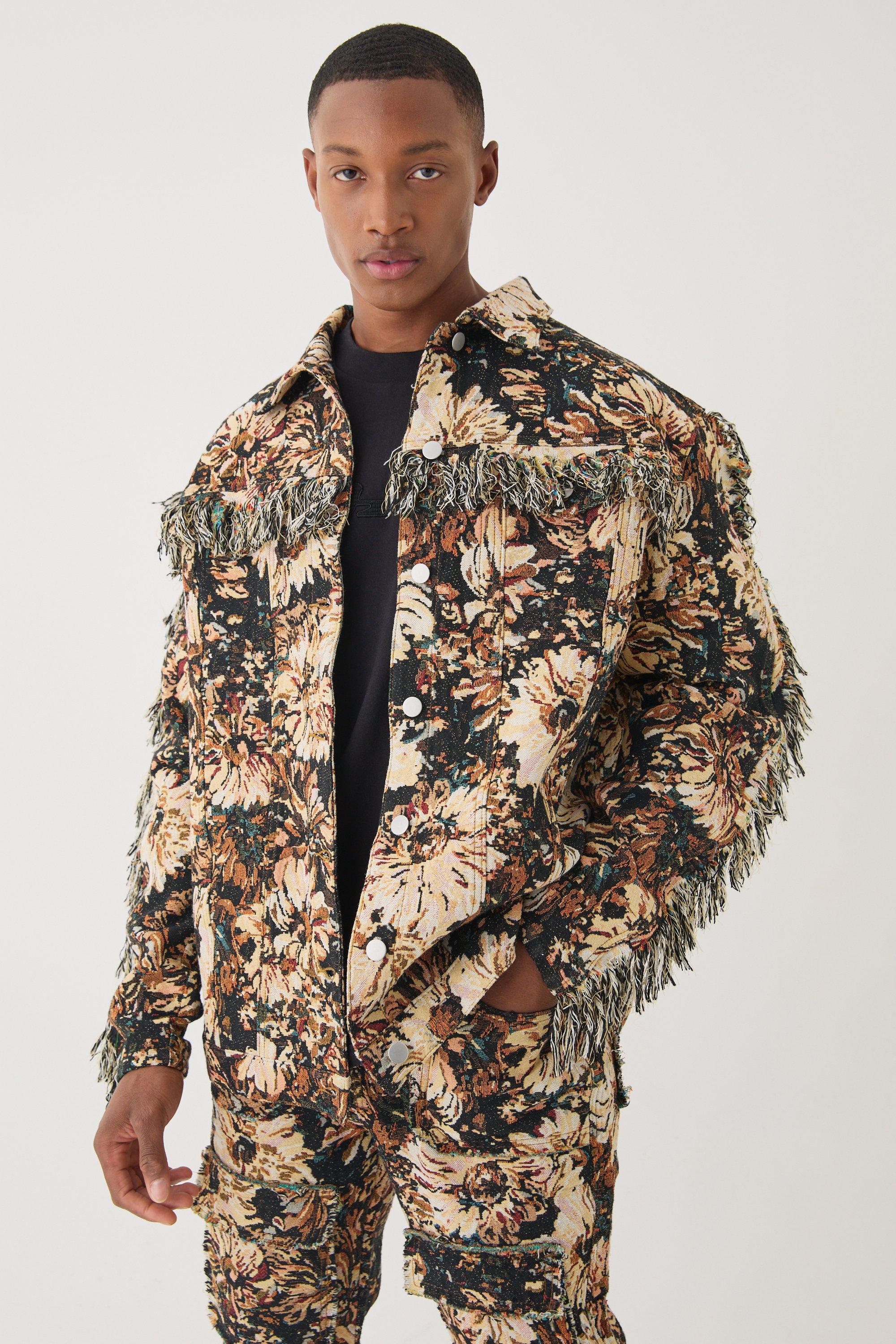 Mens Brown Tapestry Frayed Oversized Overshirt, Brown