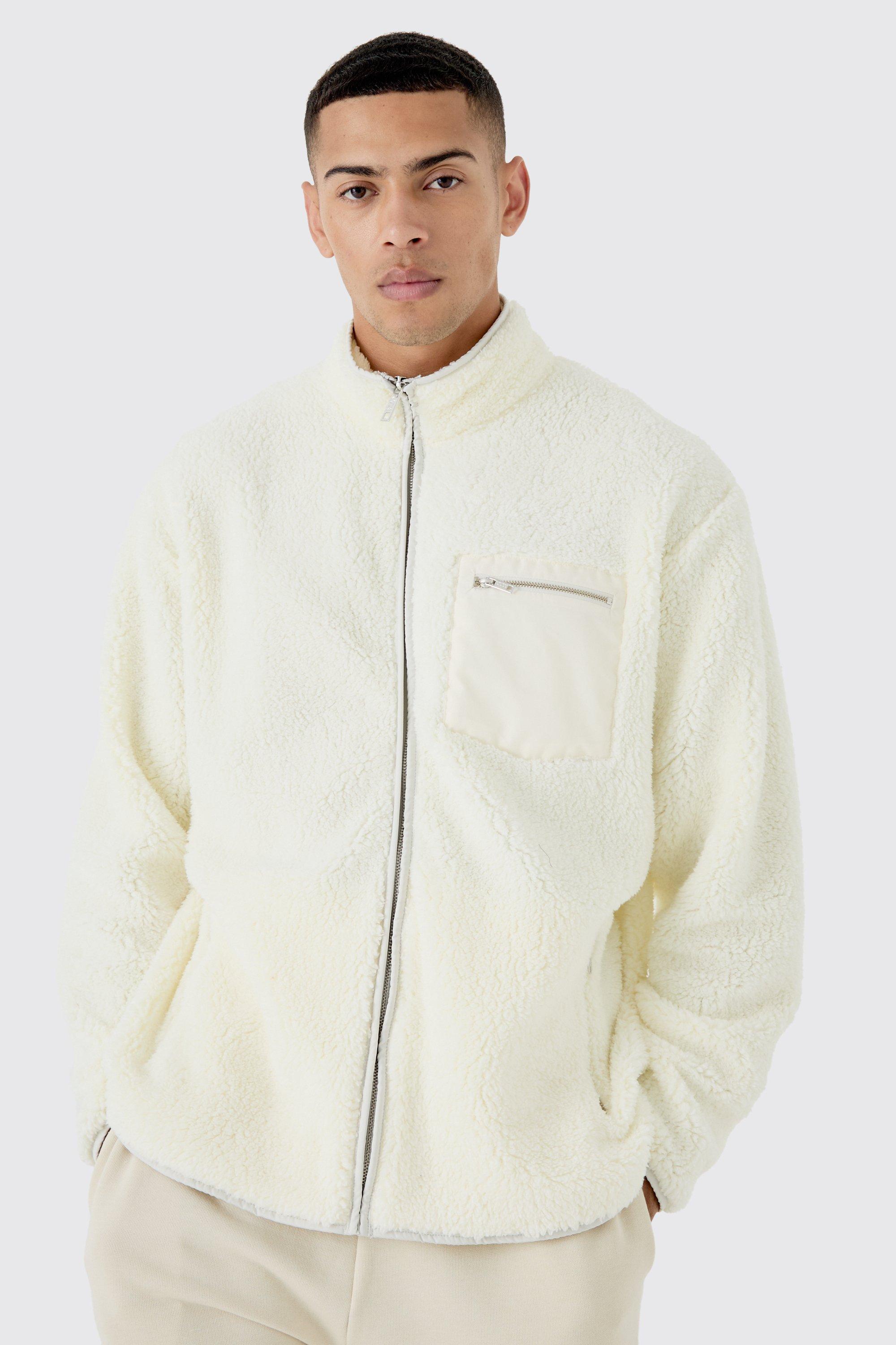 Mens Cream Oversized Contrast Borg Jacket, Cream