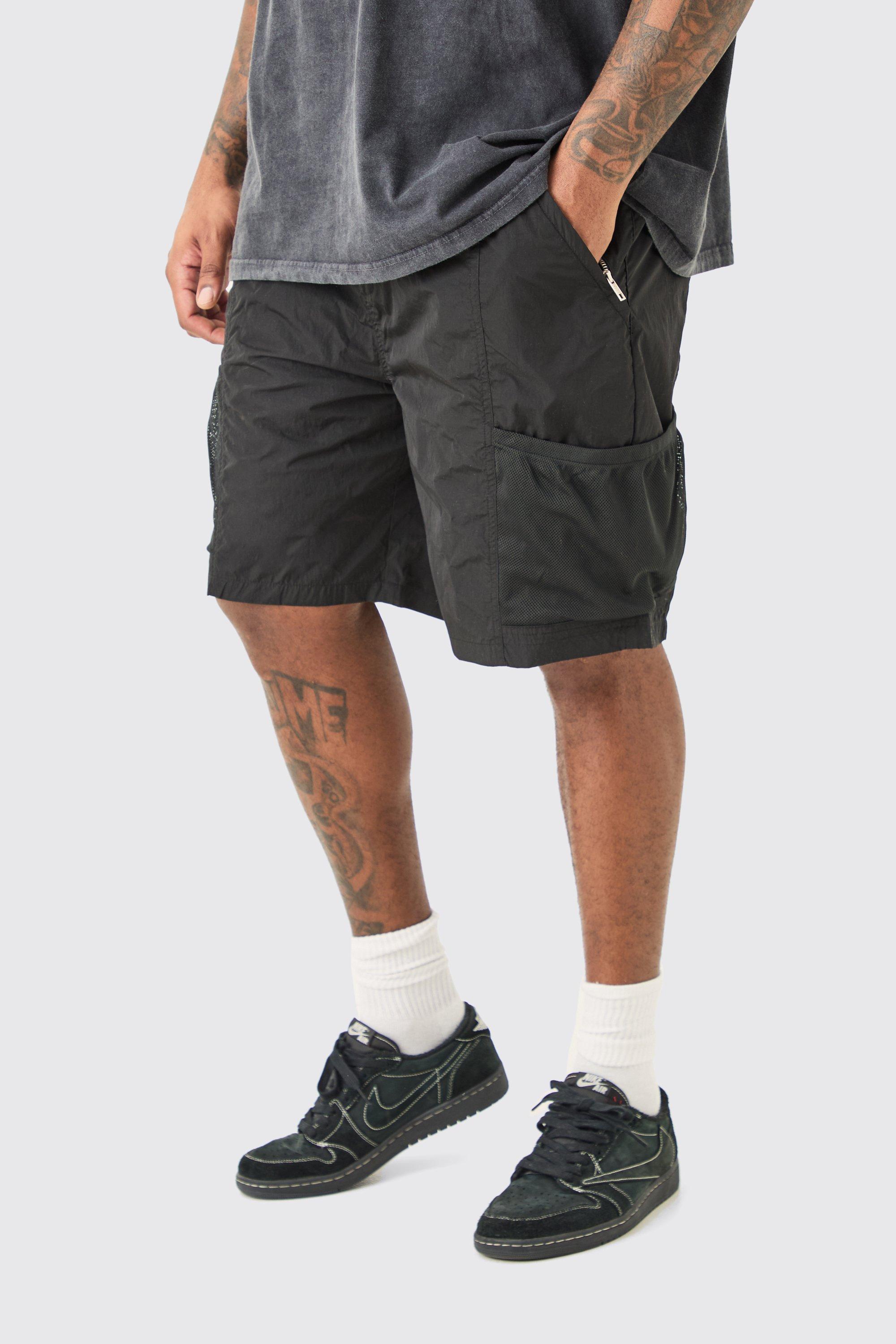 Mens Black Plus Elasticated Waist Mesh Pocket Utility Short, Black