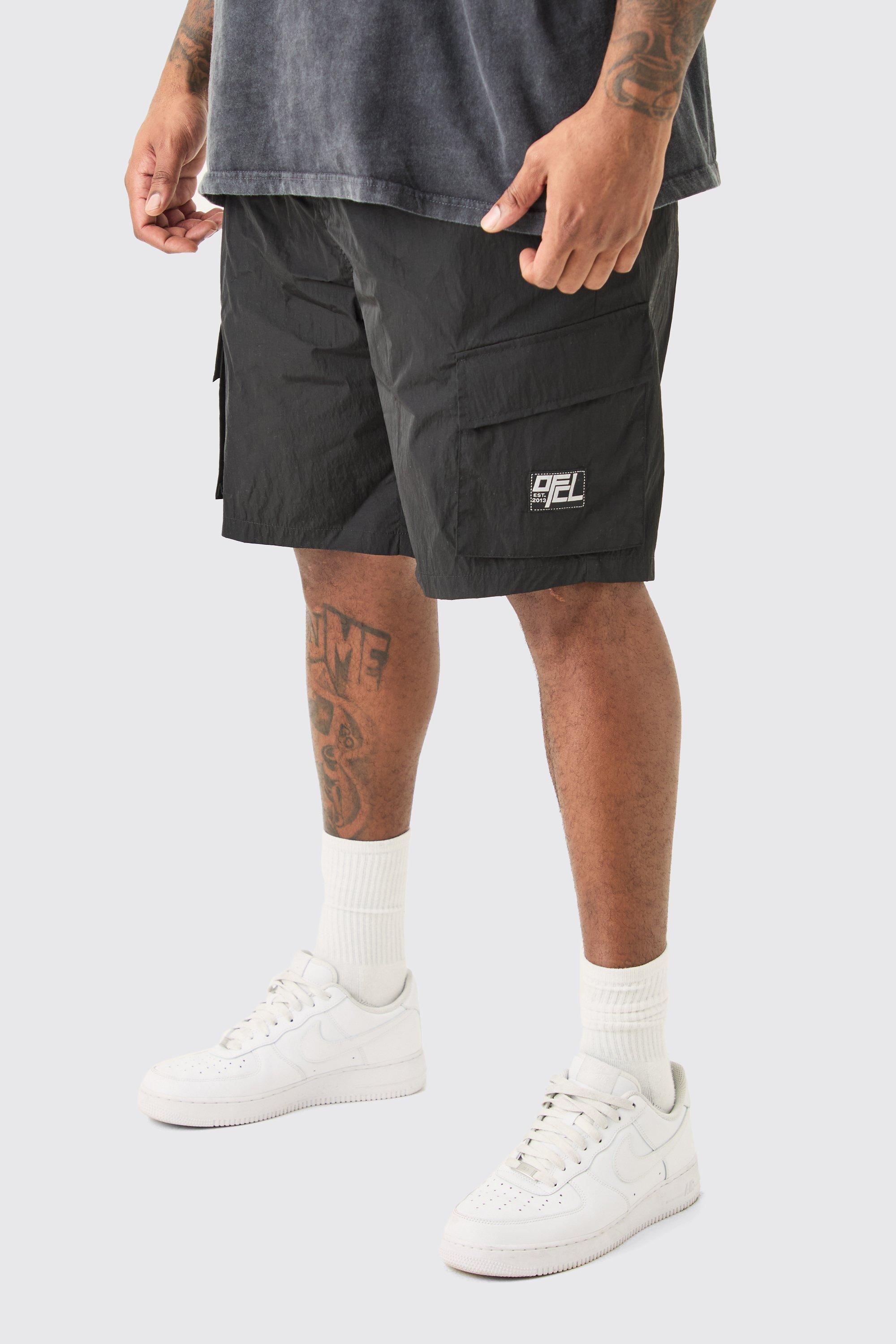 Mens Black Plus Elasticated Waist Ofcl Nylon Cargo Short, Black