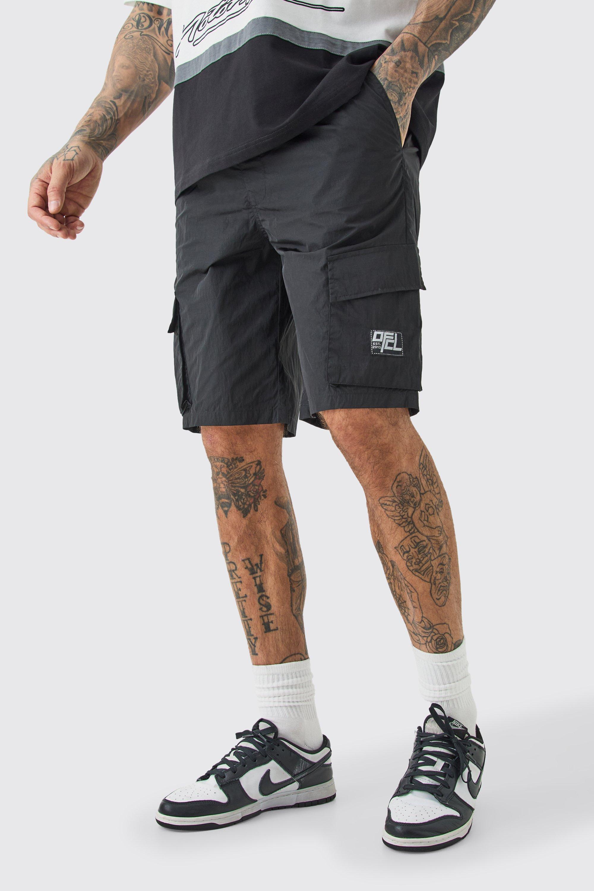 Mens Black Tall Elasticated Waist Ofcl Nylon Cargo Short, Black