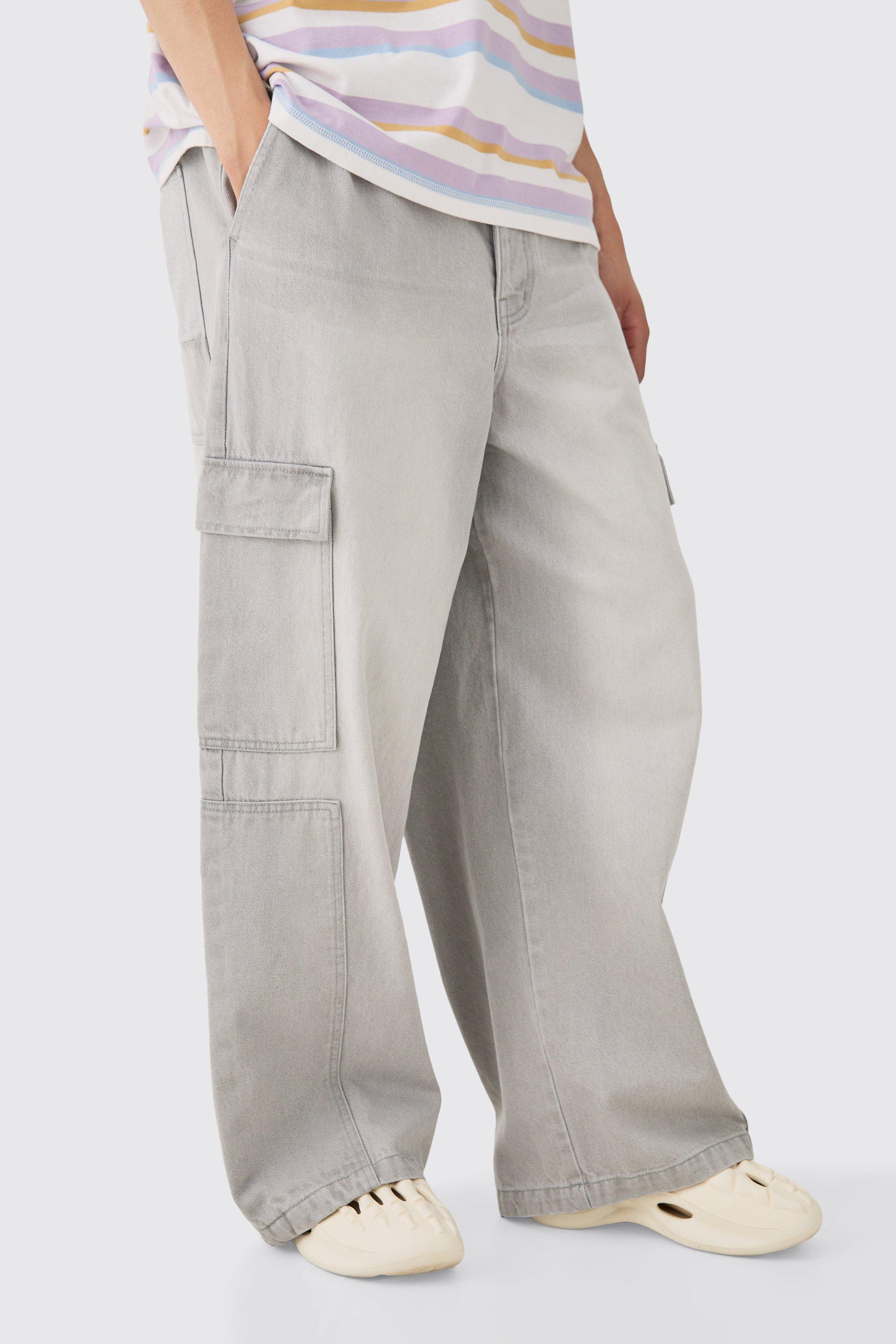 Image of Elasticated Waist Extreme Wide Fit Cargo Jeans In Grey, Grigio