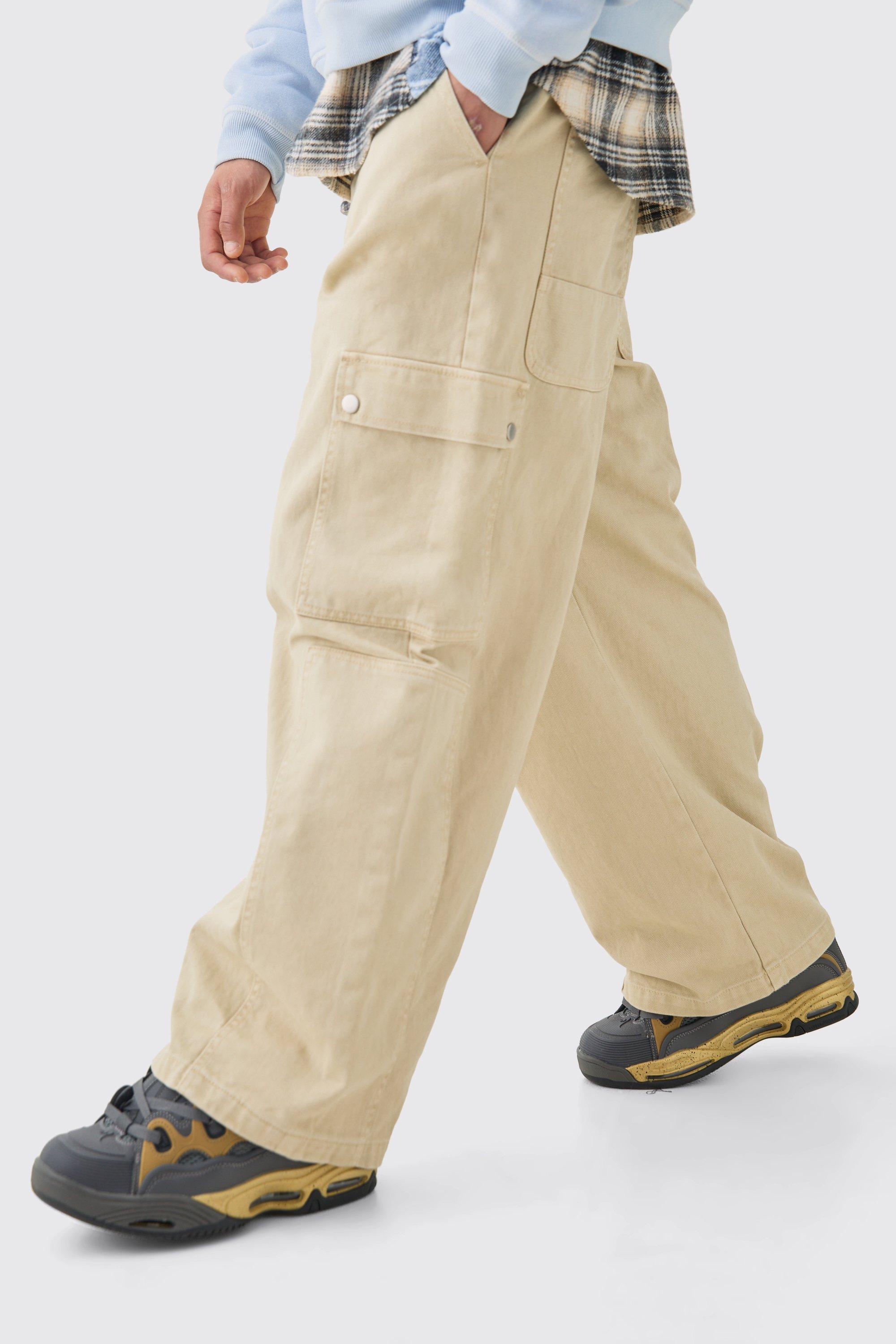 Mens Cream Elasticated Waist Extreme Wide Fit Cargo Jeans In Ecru, Cream