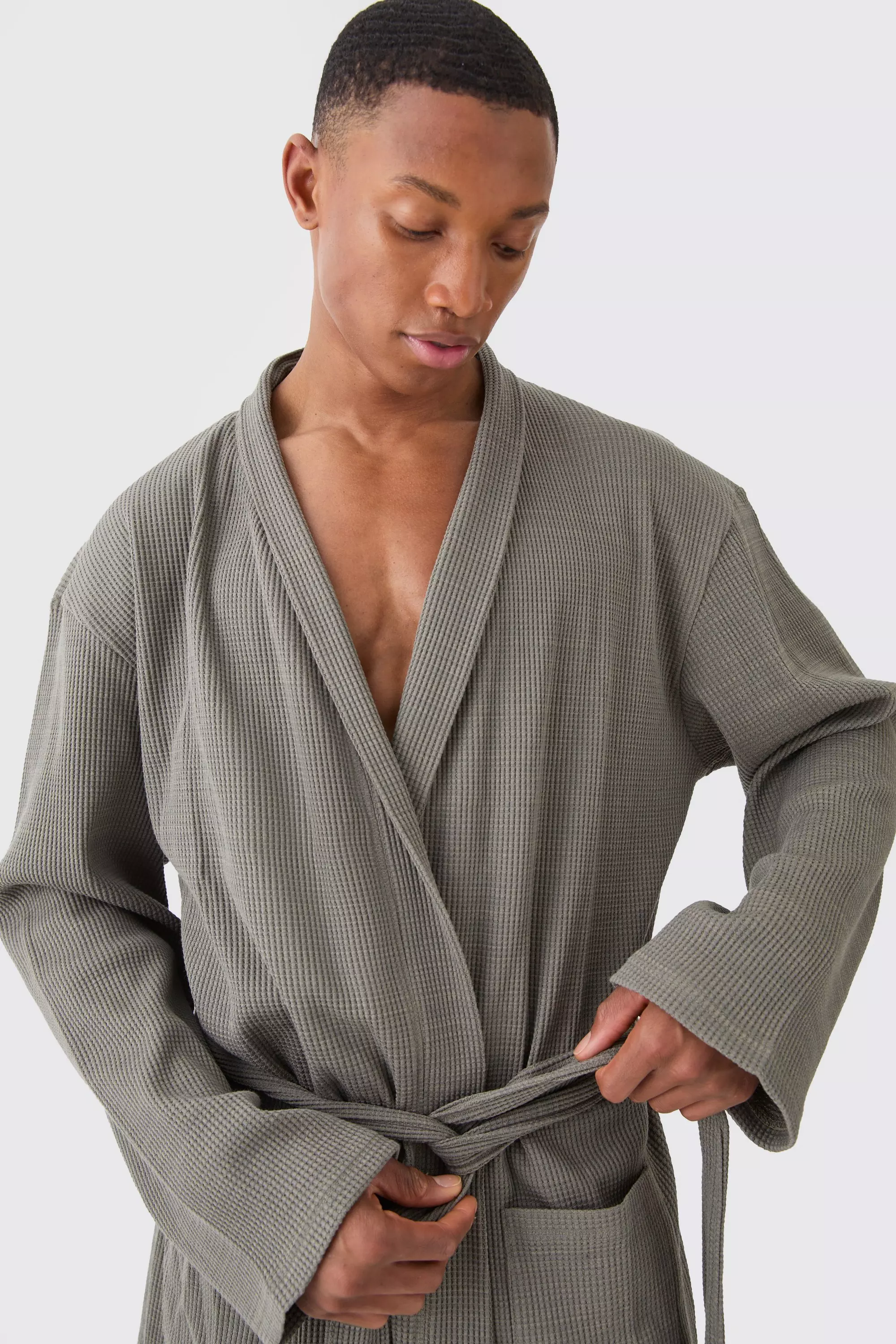 Lightweight Waffle Loungewear Robe In Khaki boohooMAN USA