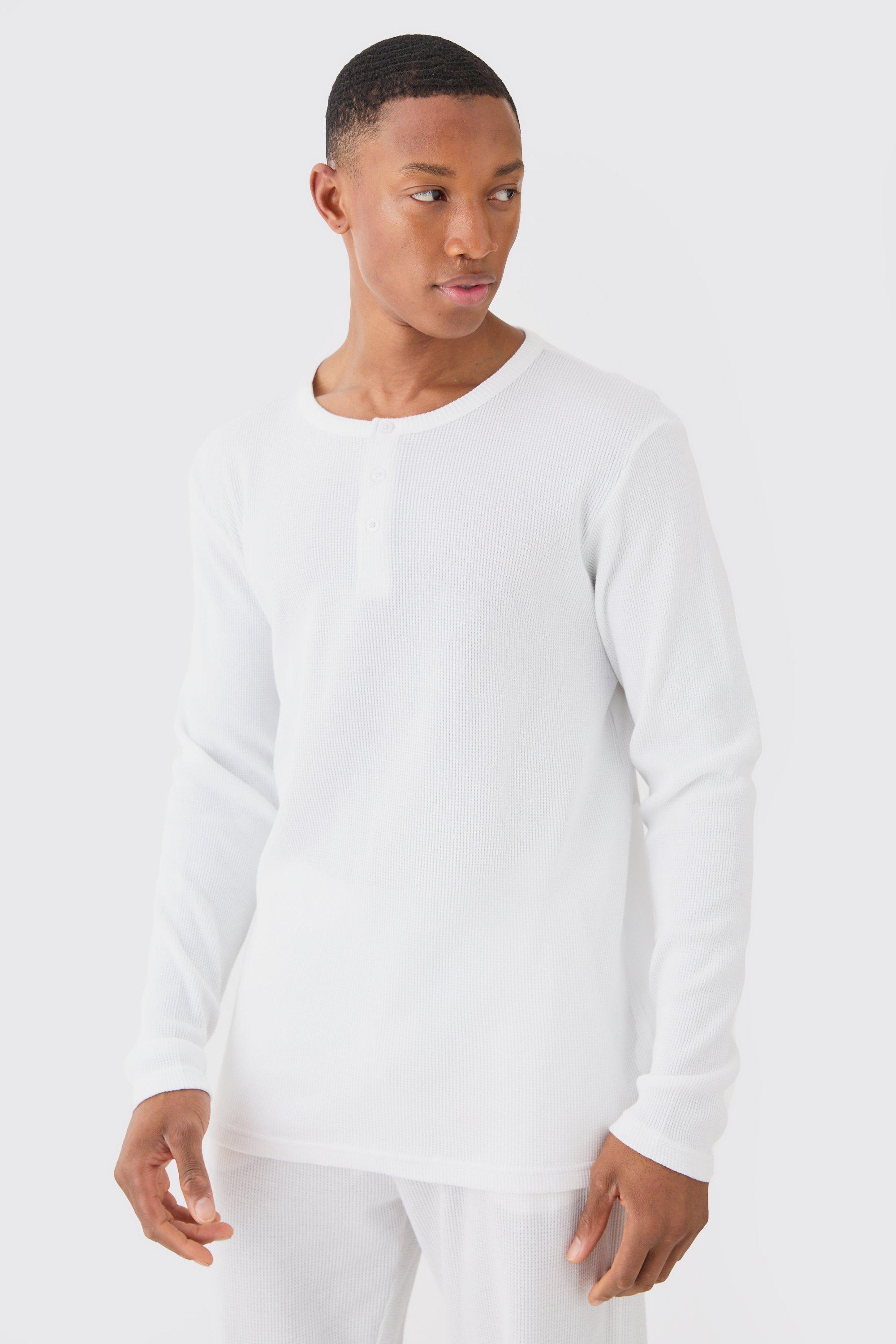 Mens Waffle Button-up Long Sleeve Lounge Top In White, White