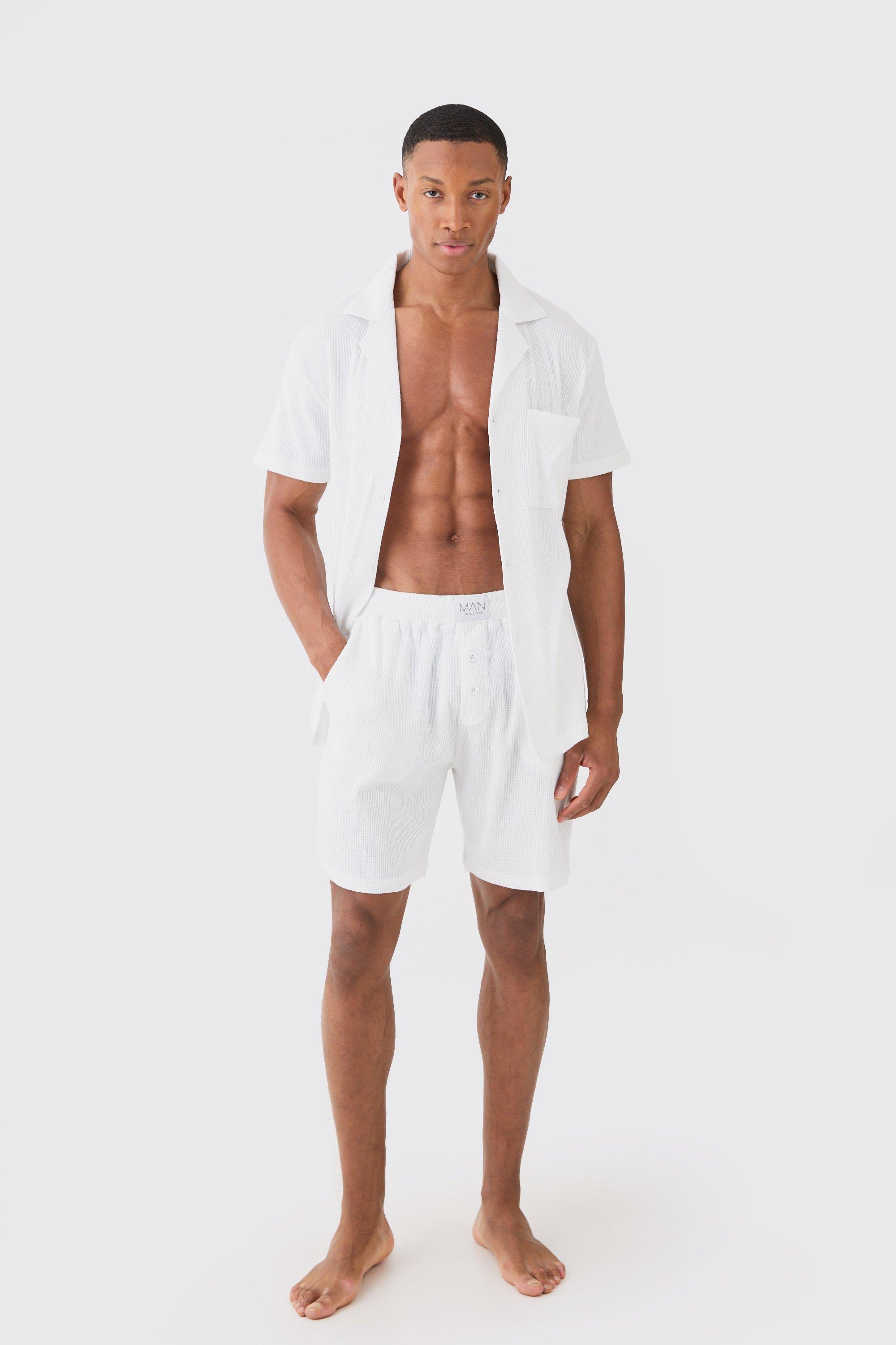 Mens Waffle Lounge Shirt & Short Set In White, White