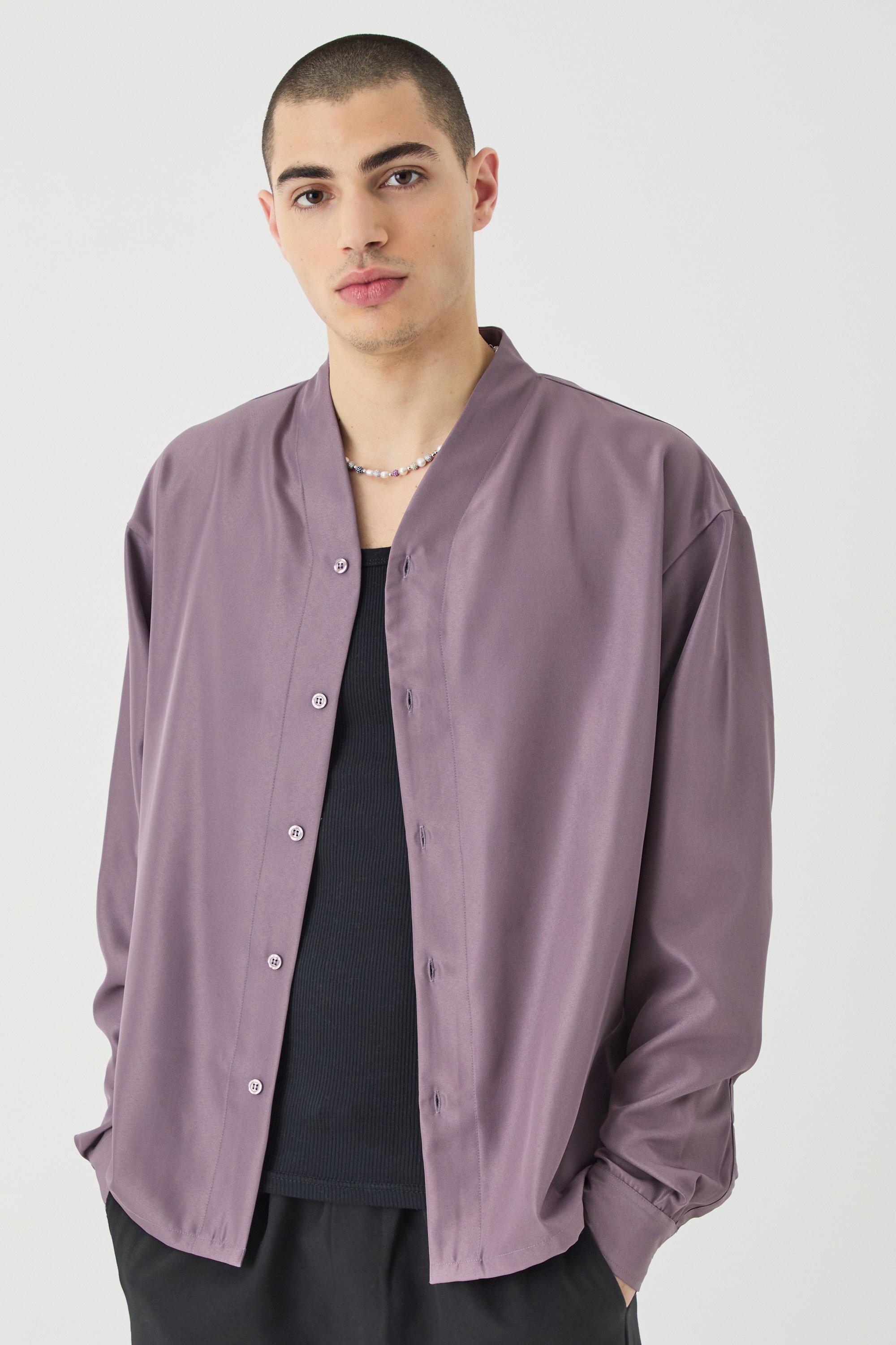 Image of Camicia squadrata in twill morbido senza colletto con etichetta, Purple