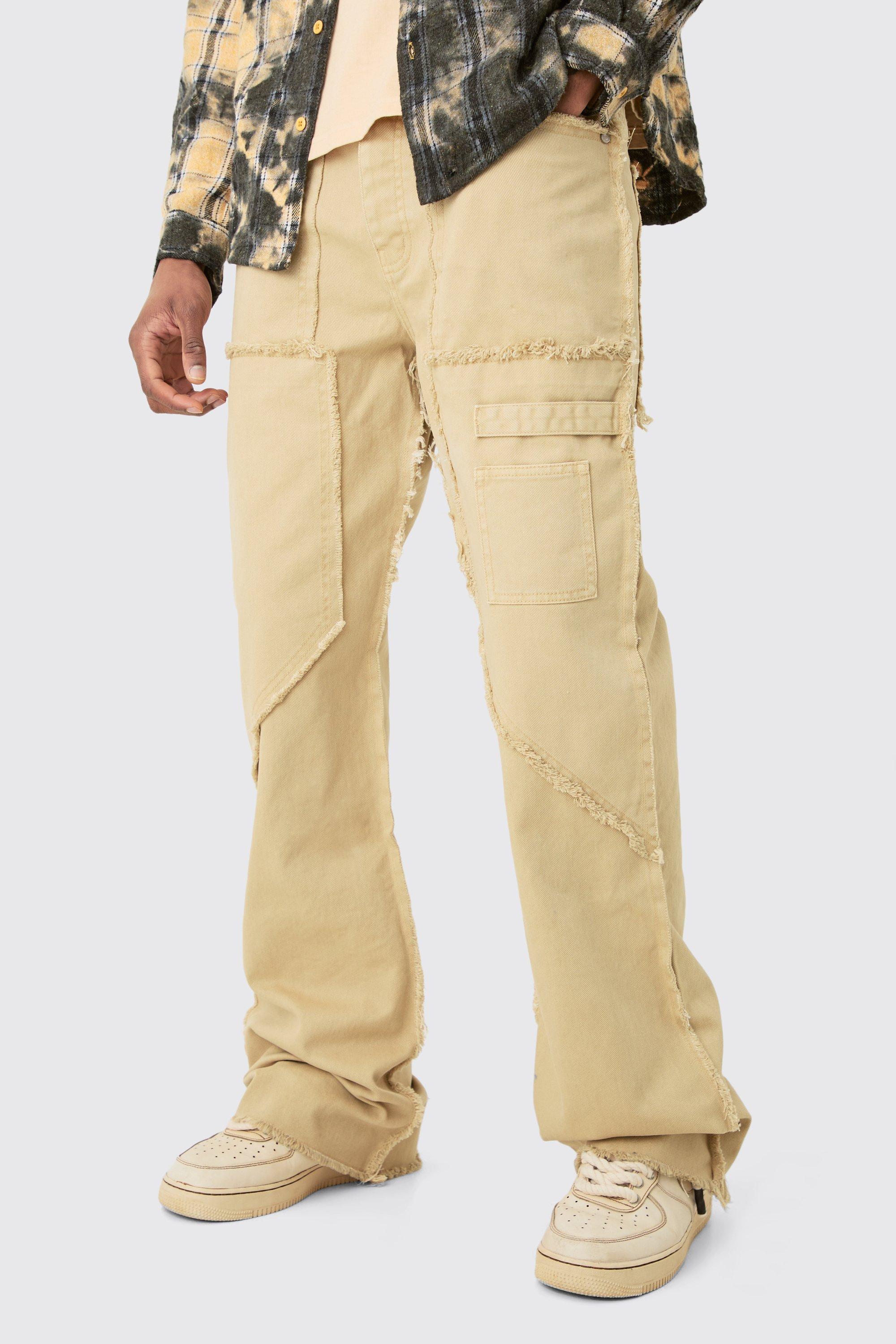 Mens Beige Tall Fixed Waist Washed Relaxed Raw Edge Twill Flare Trouser, Beige