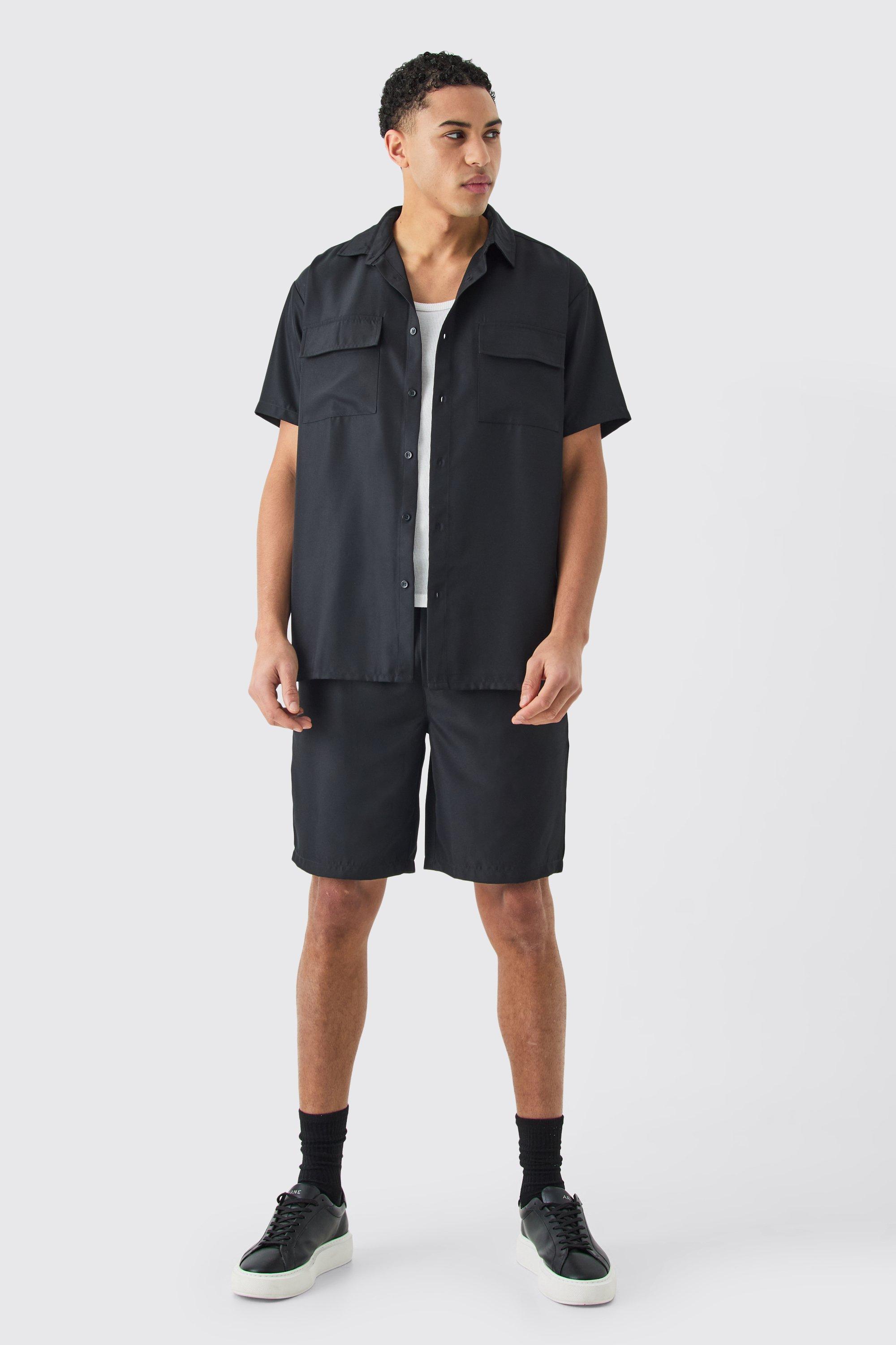 mens black short sleeve soft twill overshirt and short set, black