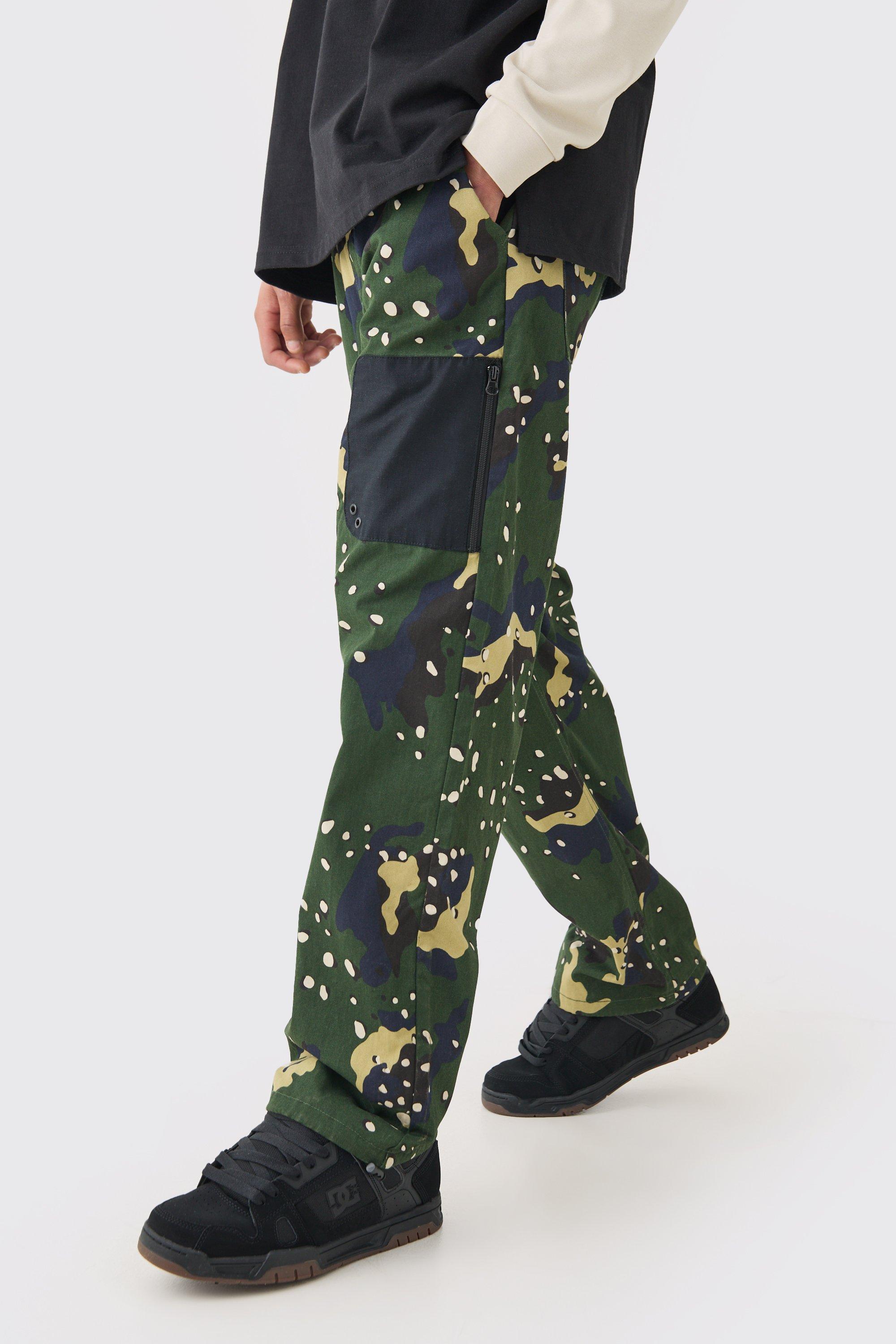 Image of Elastic Waist Relaxed Fit Belted Twill Camo Trouser, Verde