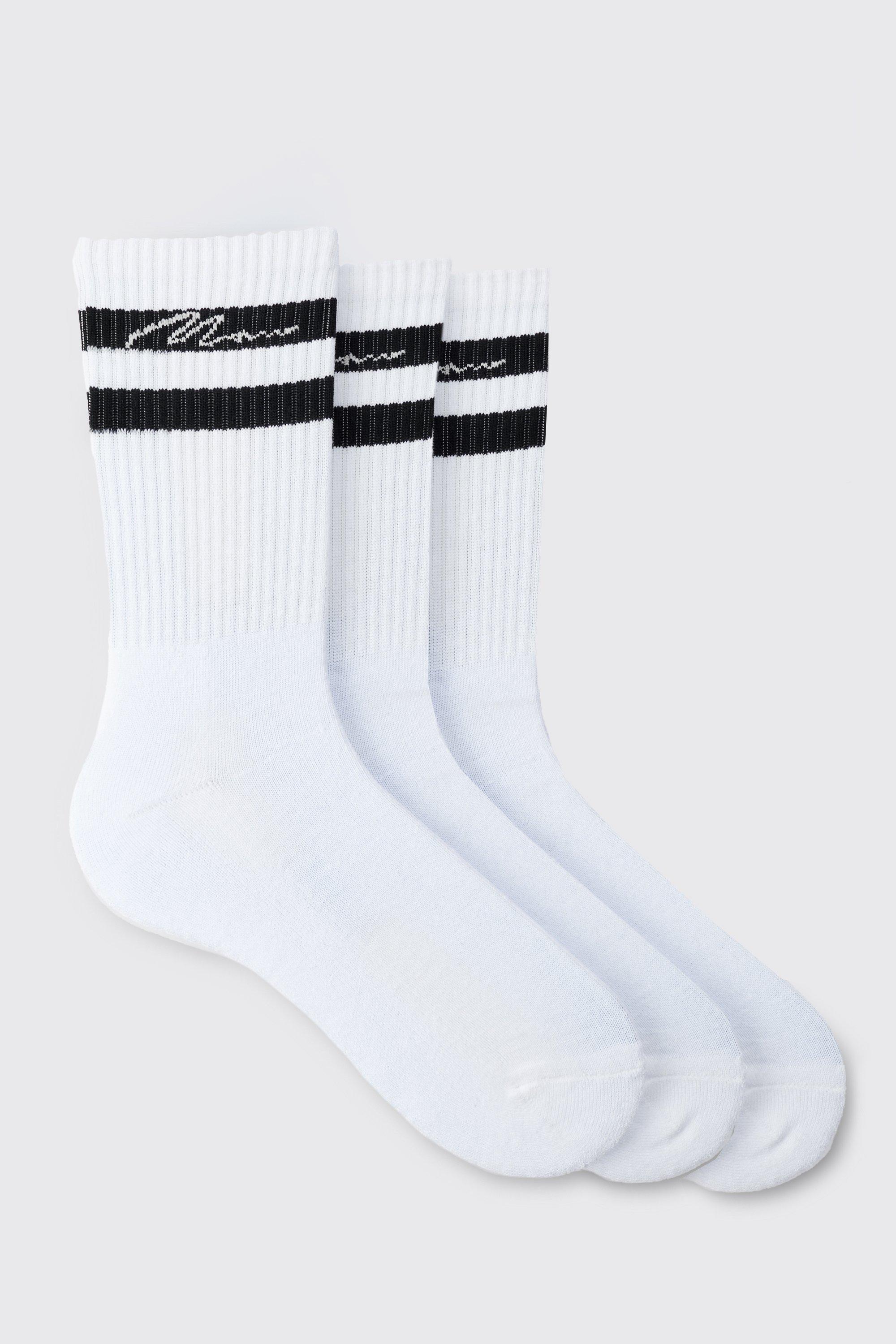 Mens 3 Pack Man Signature Sports Stripe Socks In White, White