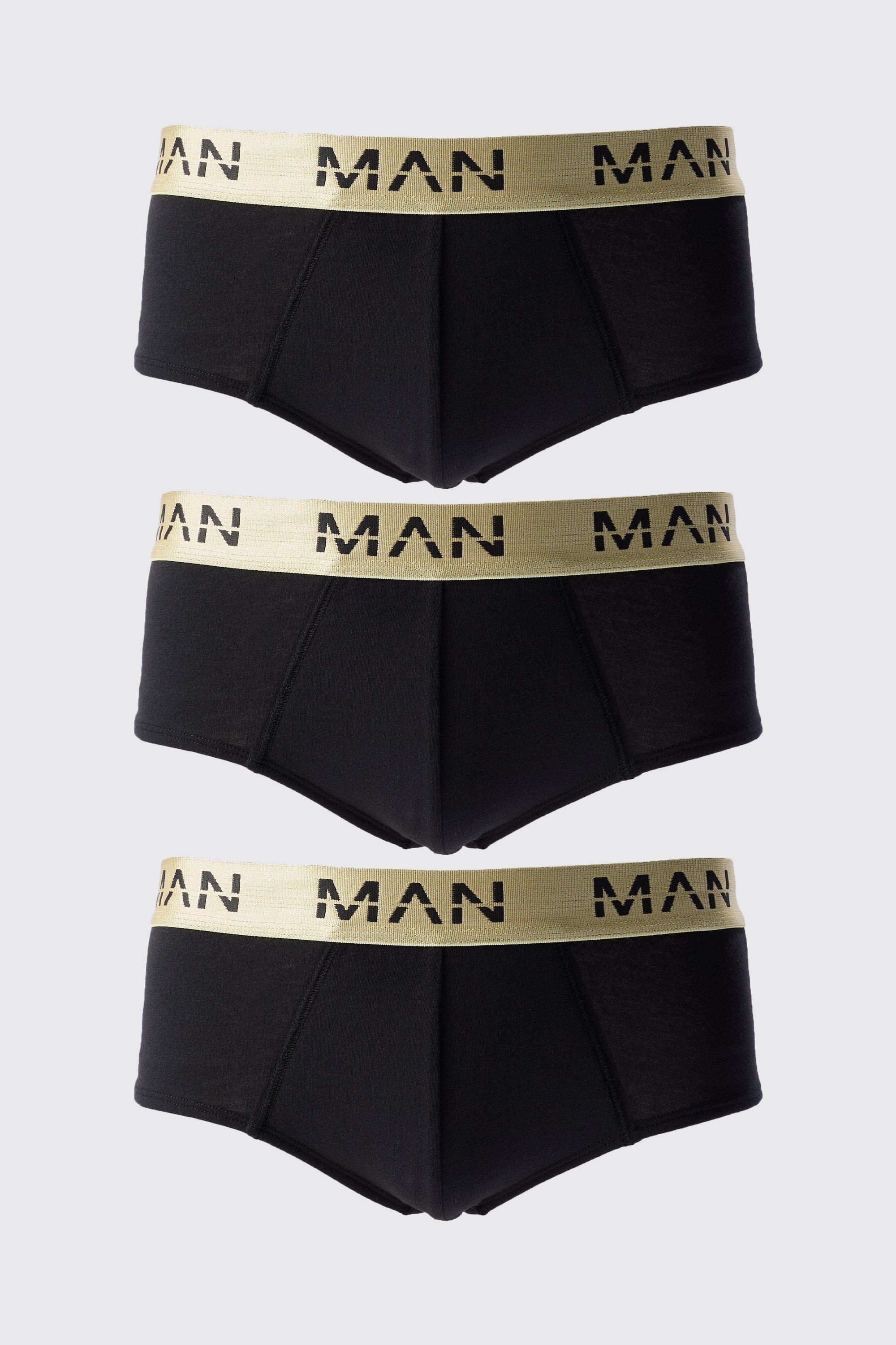 Mens 3 Pack Man Roman Gold Waistband Briefs In Black, Black