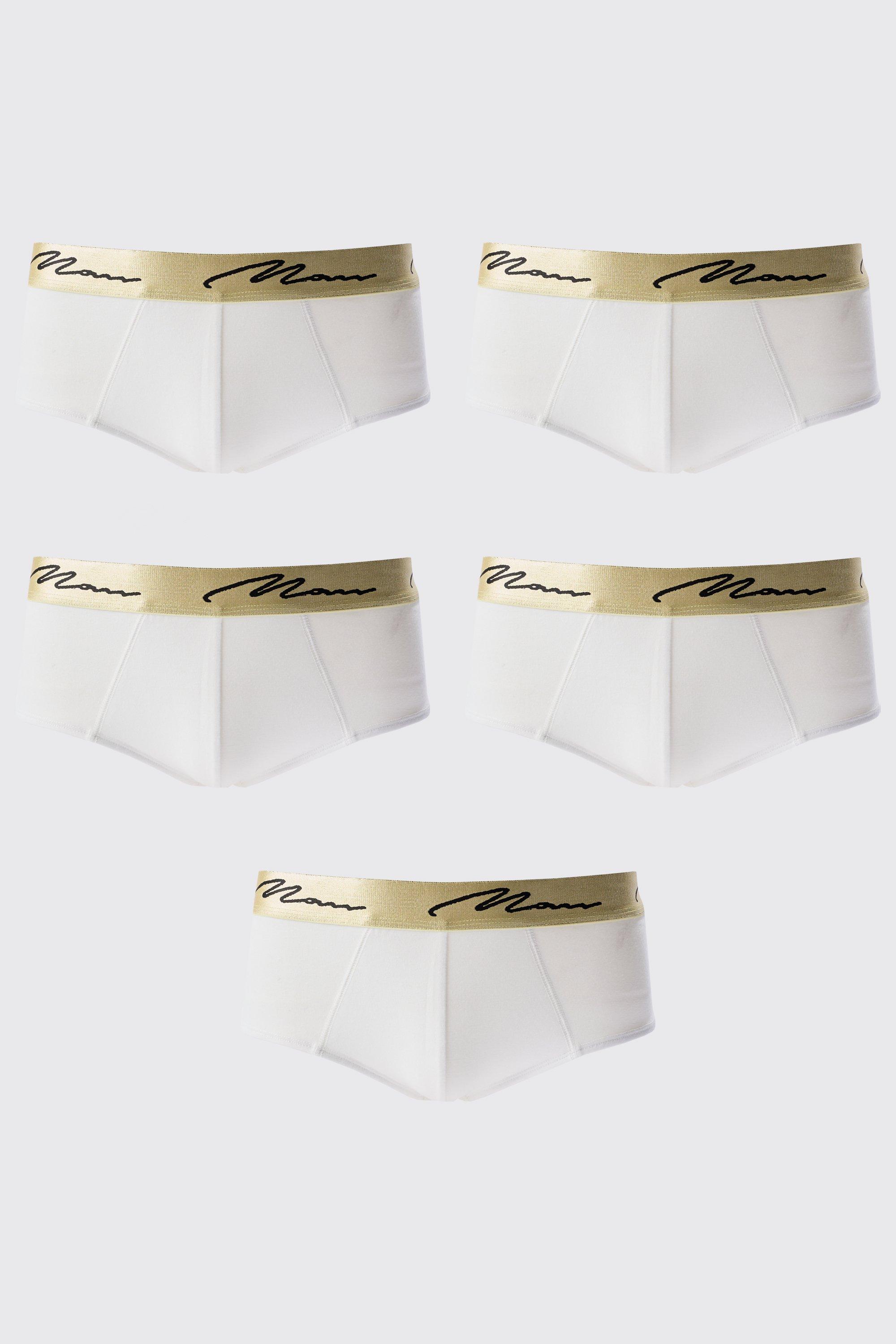 Mens 5 Pack Man Signature Gold Waistband Briefs In White, White