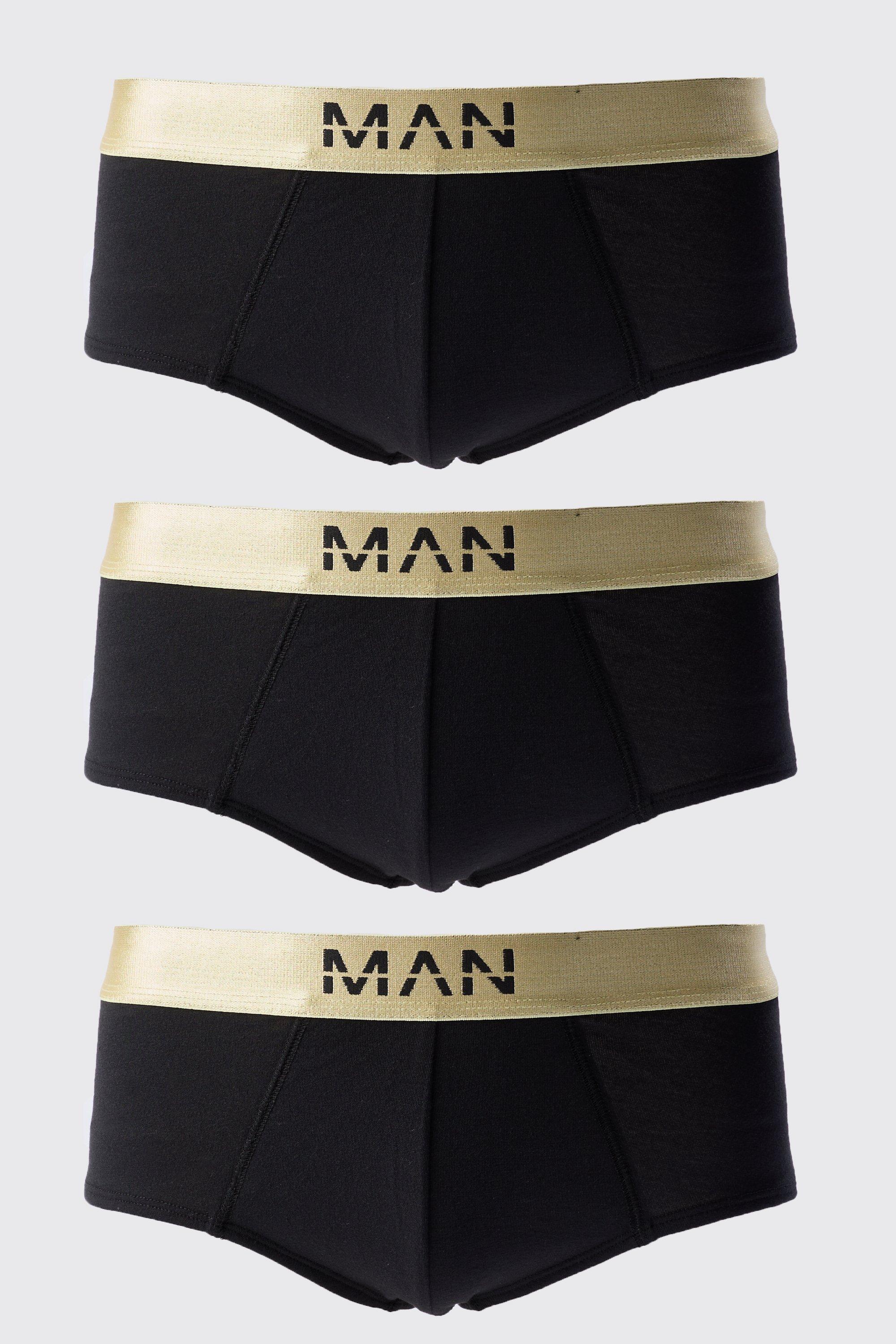 Mens 3 Pack Man Dash Gold Waistband Briefs In Black, Black