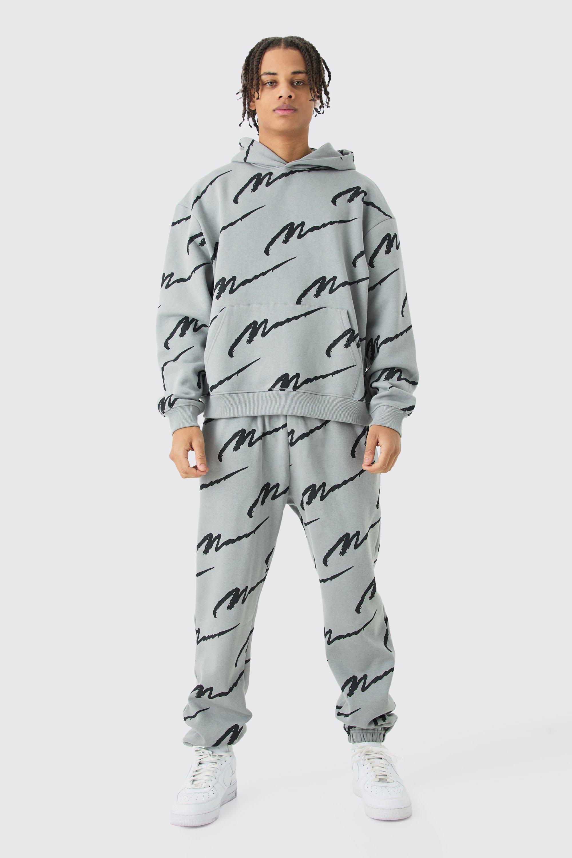 Mens Grey Man Signature All Over Print Boxy Hooded Tracksuit, Grey