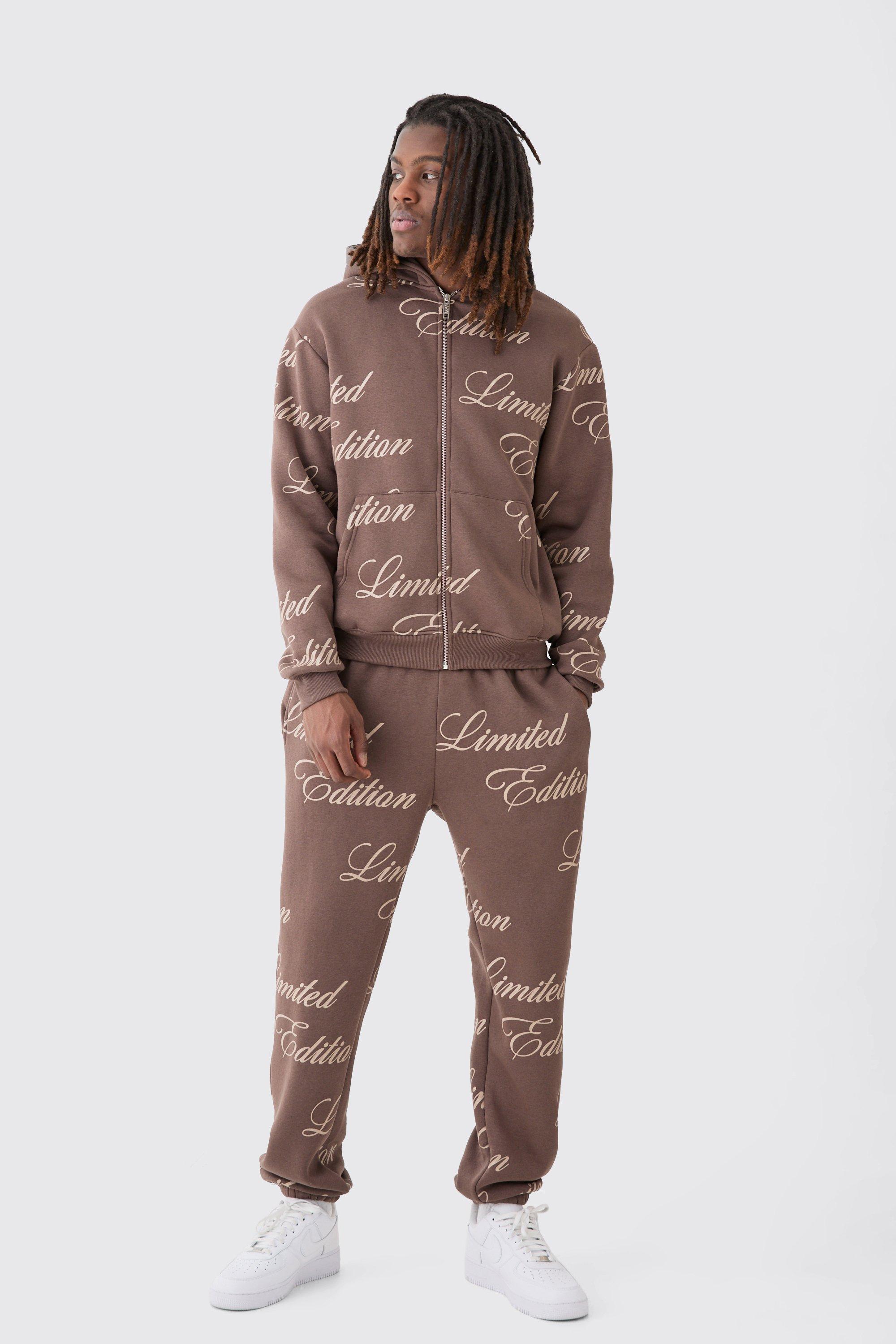 Image of Limited Edition Script All Over Print Zip Hooded Tracksuit, Brown
