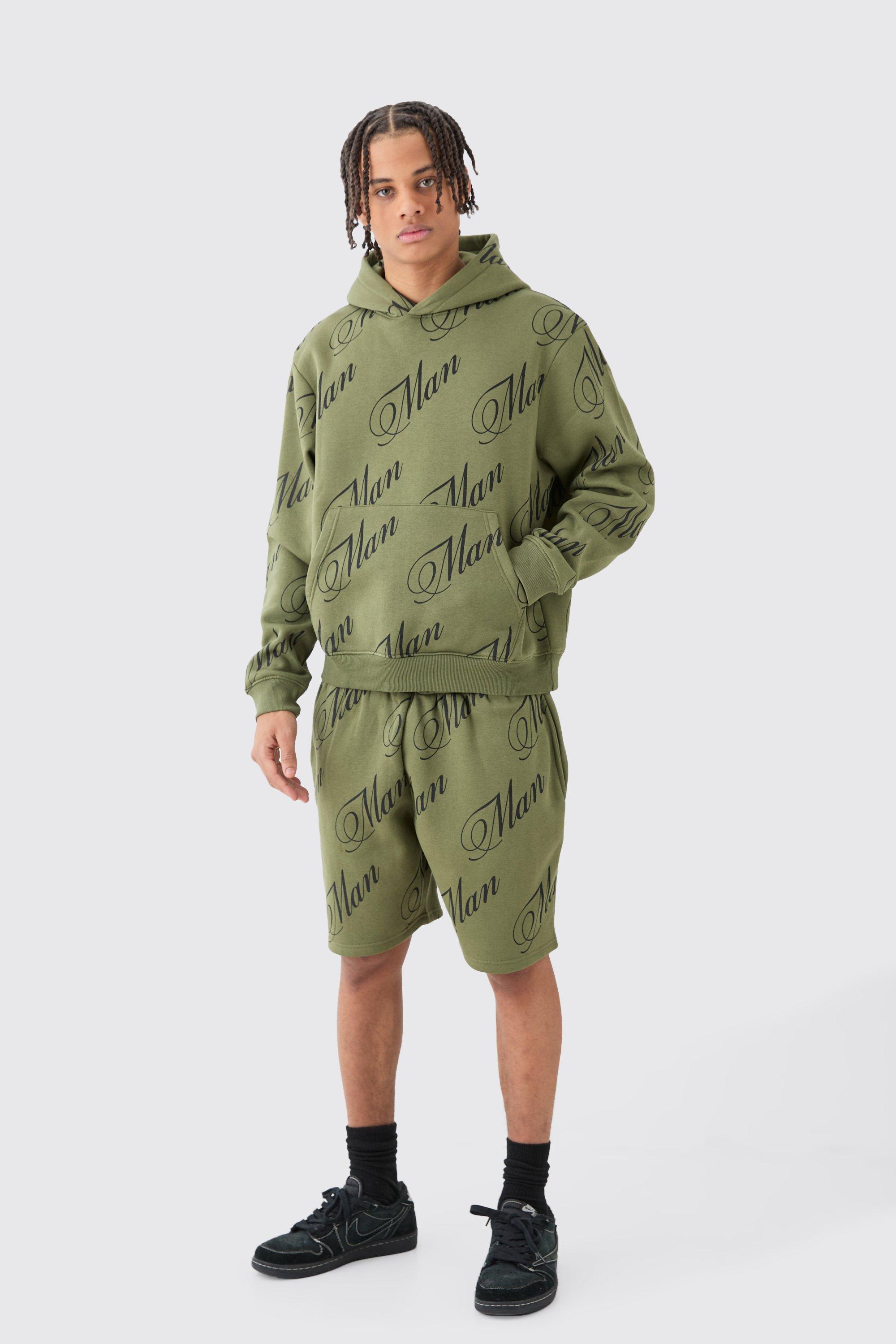 Mens Green Man Script All Over Print Boxy Hooded Short Tracksuit, Green