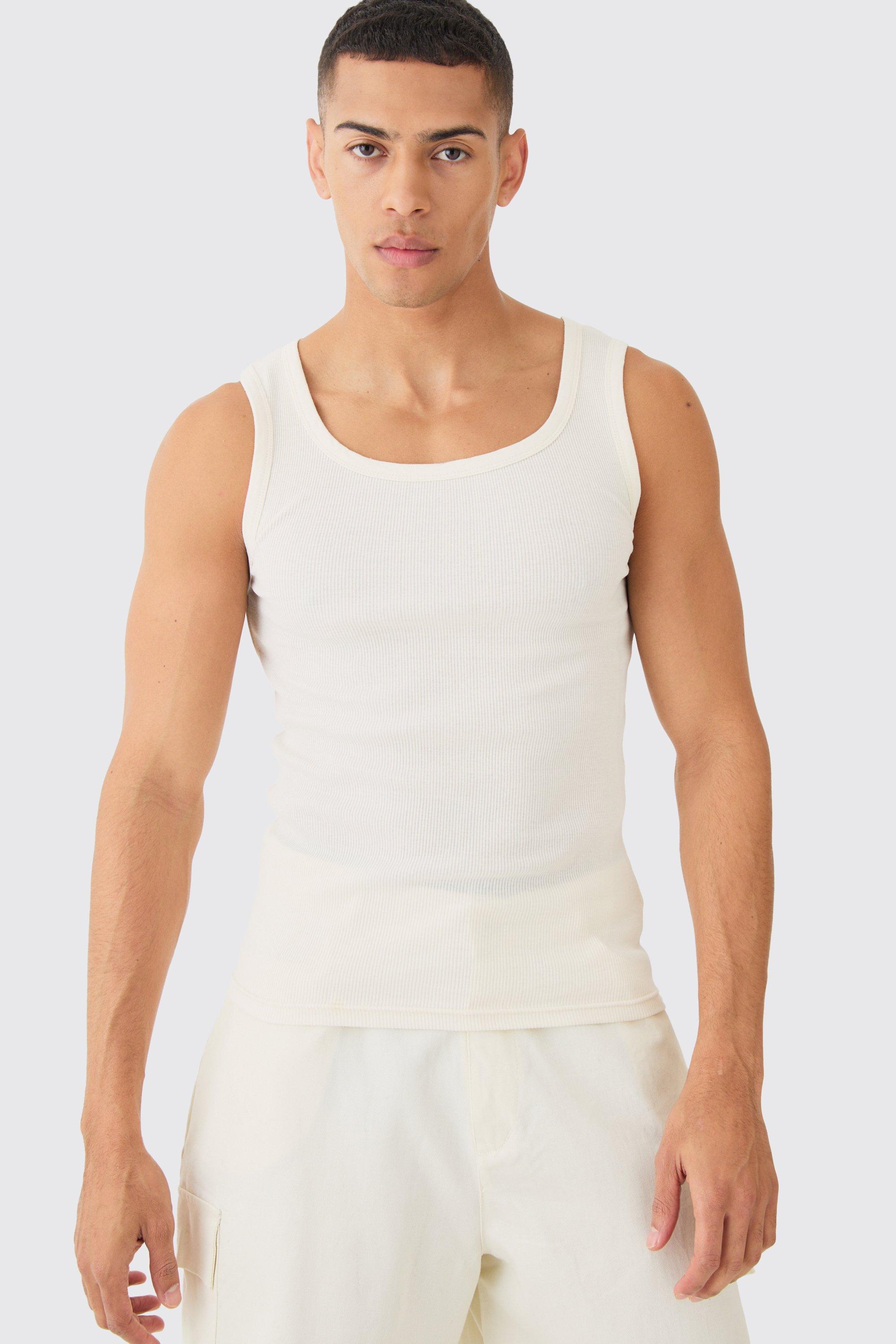 Mens Cream Ribbed Muscle Fit Vest, Cream