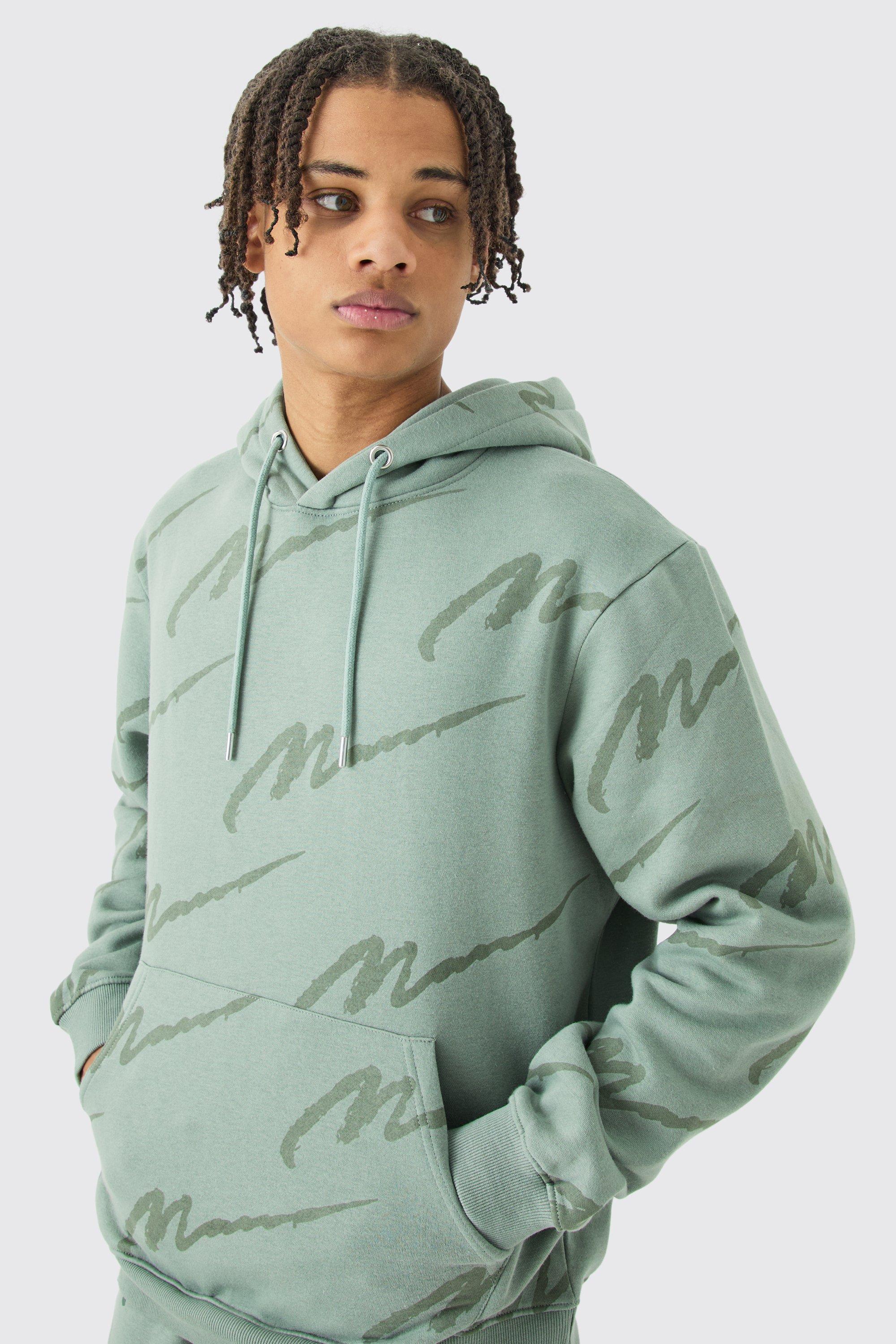 Mens Green Man Signature All Over Print Hoodie, Green