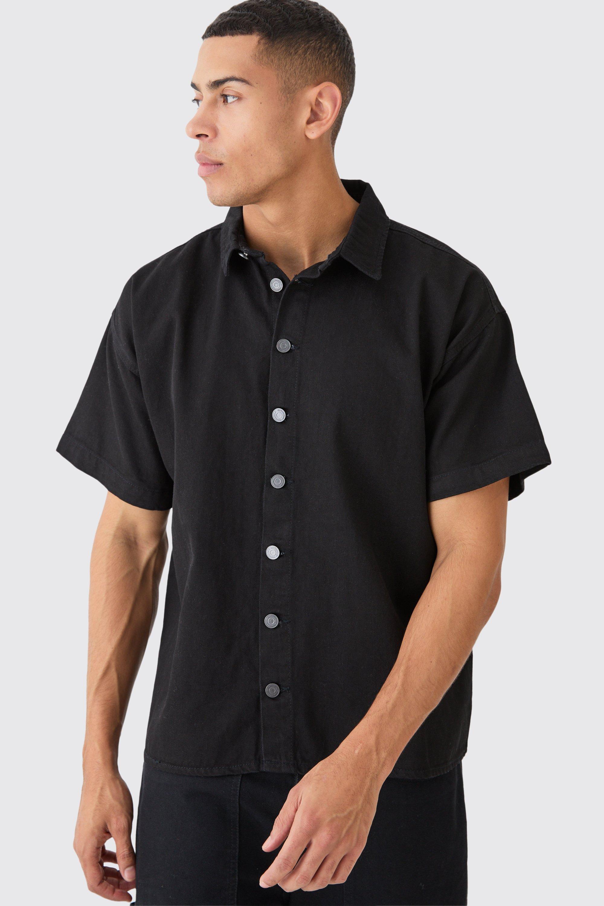 Mens Black Short Sleeve Boxy Fit Denim Shirt, Black